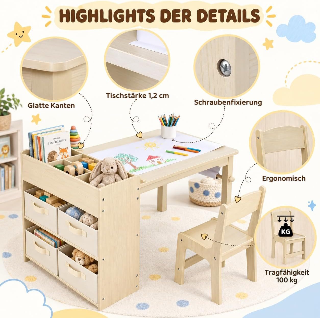 TLGREEN Kindertisch Kindermaltisch mit 2 Stühlen (Maltisch Schreibtisch mit Papierrolle und 4 Aufbewahrungskiste, Zeichentisch 100kg Belastbarkeit für Malen/Ler – Bild 4 von 5