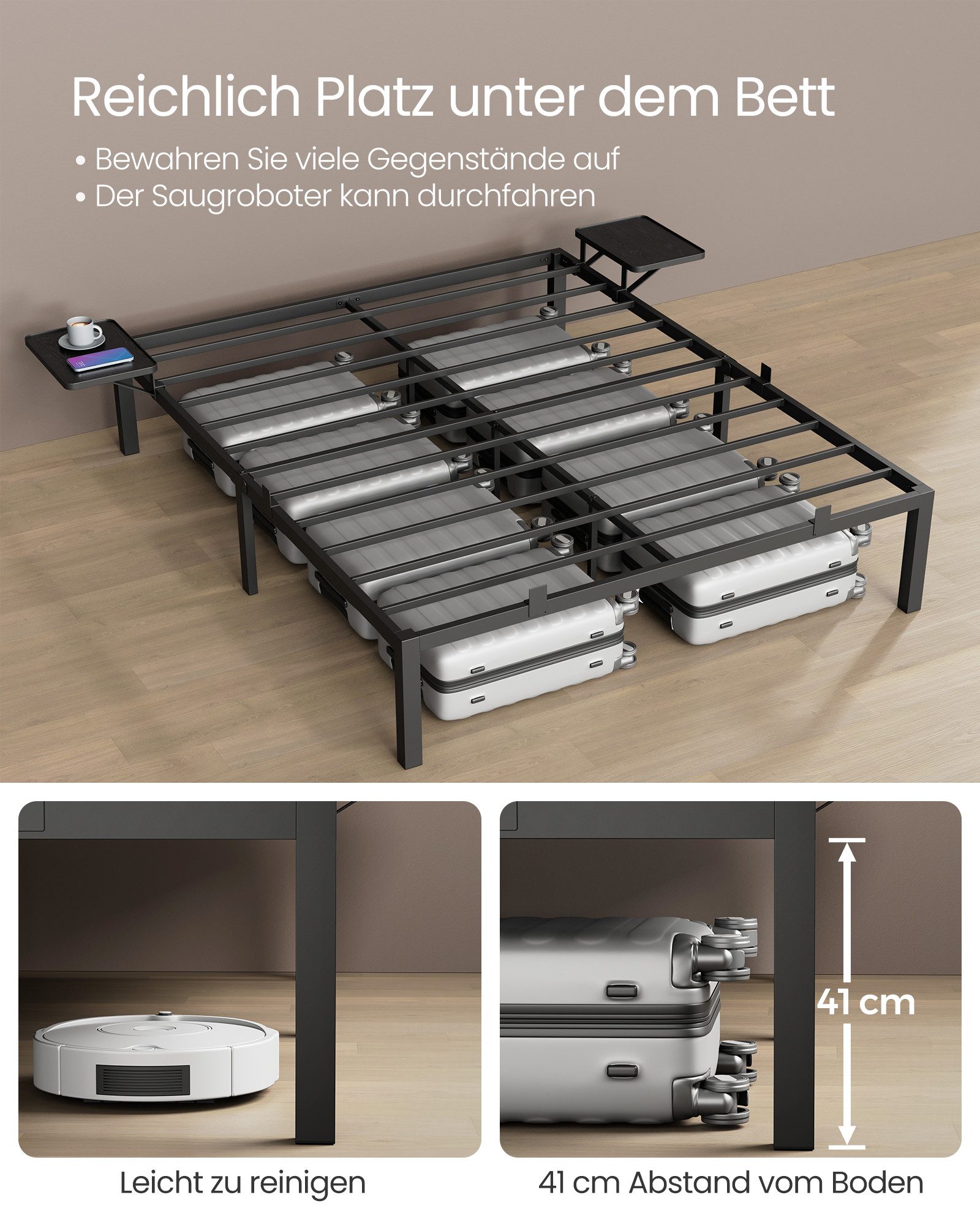 VASAGLE Bettgestell aus Metall mit Lattenrost und Ablagen, einfach zu montieren (160 x 200 cm), Doppelbettgestell, 160 x 200 cm, Ablagen, bis 450 kg belastbar – Bild 3 von 5