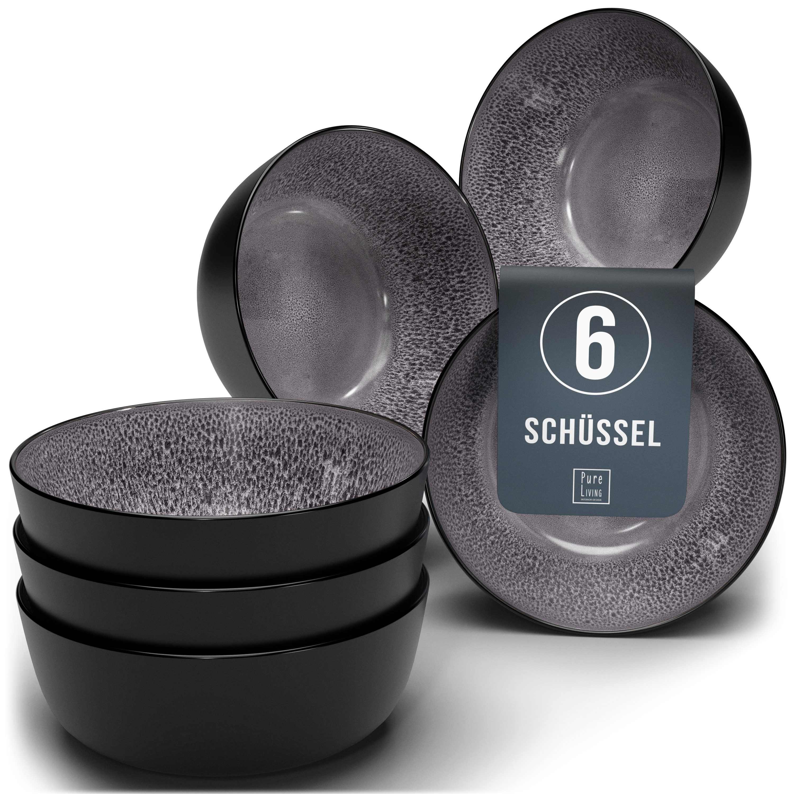 PURE LIVING INTERIOR DESIGN Geschirr-Set Ibiza, 6er-Set Müslischalen, 16 cm, Riffelstruktur, Grau (6-tlg), 6 Personen, Steingut