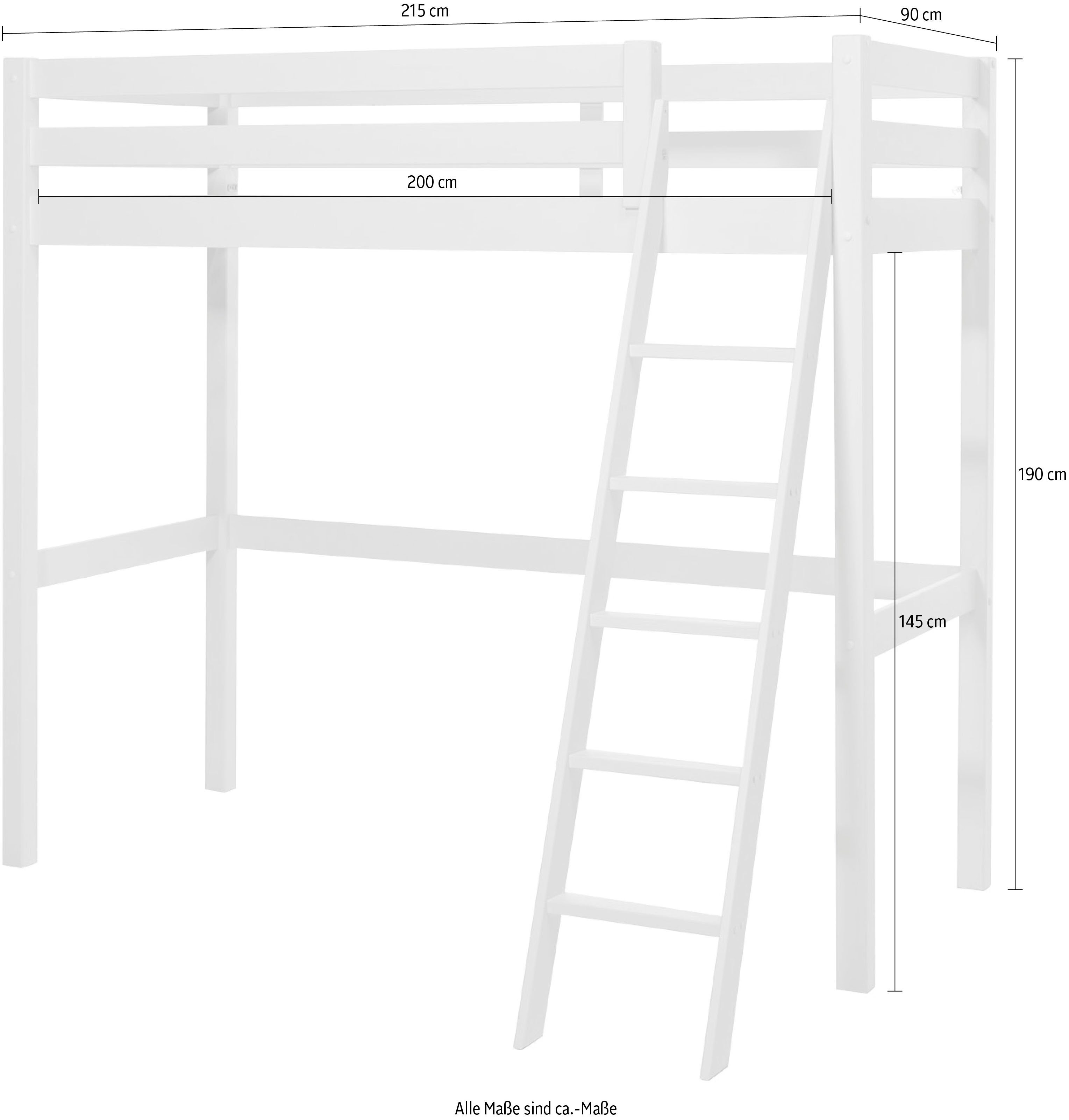 Vipack Hochbett Pino, inkl. Rolllattenrost, Absturzschutz und schräger Leiter (B/H/T ca. 209x190x215cm, Höhe unter der Liegefläche 145 cm nutzbar) in zwei Breiten 90 oder 140 cm erhältlich