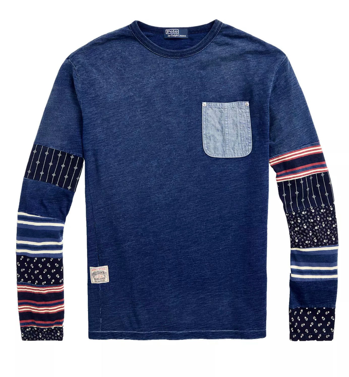 Polo Ralph Lauren Longsleeve Patchwork Dyed Indigo Langarmshirt Sweatshirt Brusttasche aus japanischem Chambray mit Metallnieten