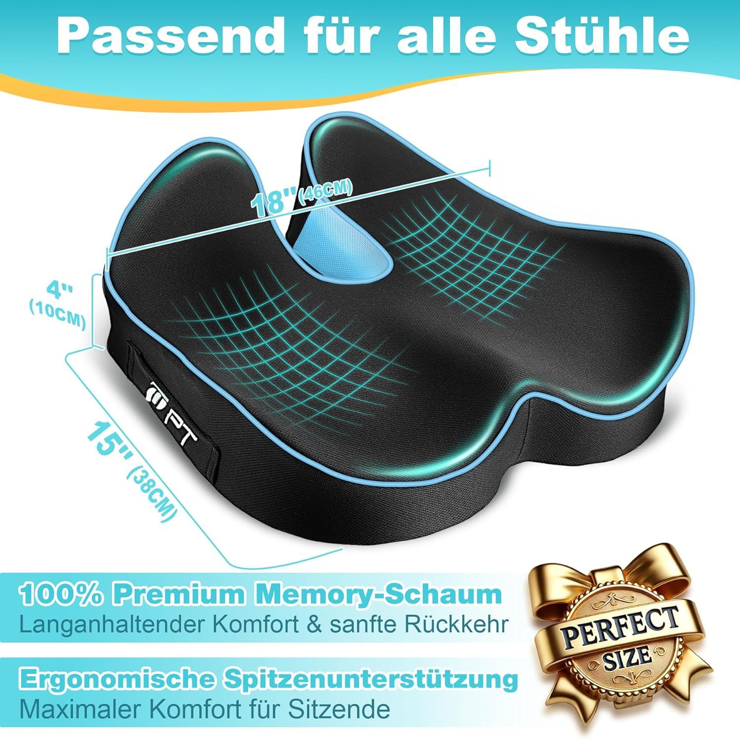 POPOLIC Sitzkissen Sitzkeilkissen für Bürostuhl & Autositz – Ergonomisches, Sitzauflage aus Memory-Schaum, Erhöht Sitzkomfort