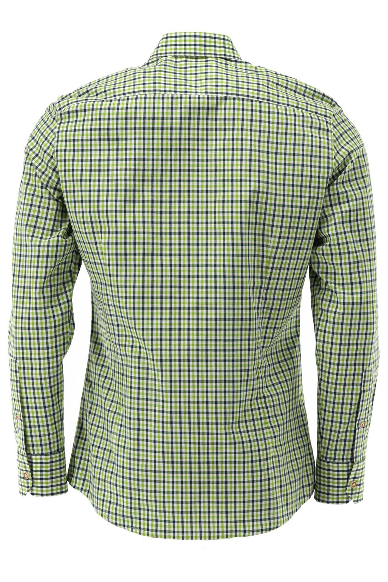 Langarm Outdoorhemd Tupopa giftgrün Brusttasche OS-Trachten mit auf Hirsch-Stickerei Jagdhemd der