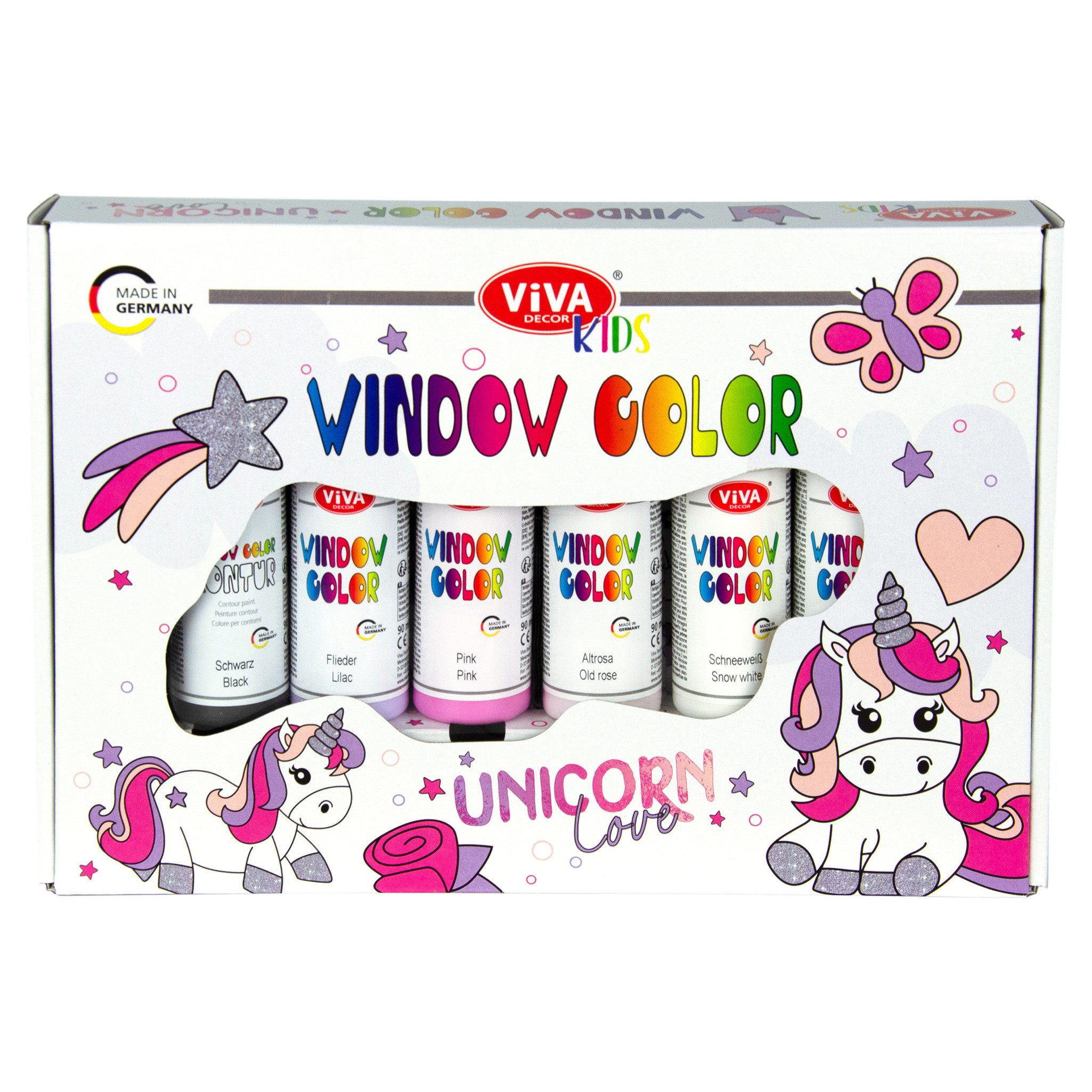 Viva Decor Bastelfarbe Window Color Set Unicorn Love 6 Farben mit Glitzersilber & A3, Einhorn-Motive, Glitzersilber, A3-Malvorlage