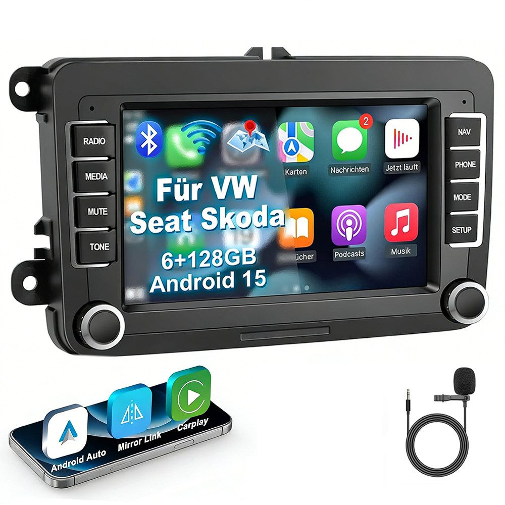 A-Sure 6+128G Android 15 Carplay Navi Für VW GOLF 5 6 Tiguan Touran EOS Caddy Autoradio (Digitalradio (DAB), RDS, FM, AM, 1080P IPS Screen/8-Core CPU/6+128GB/4G Lte)