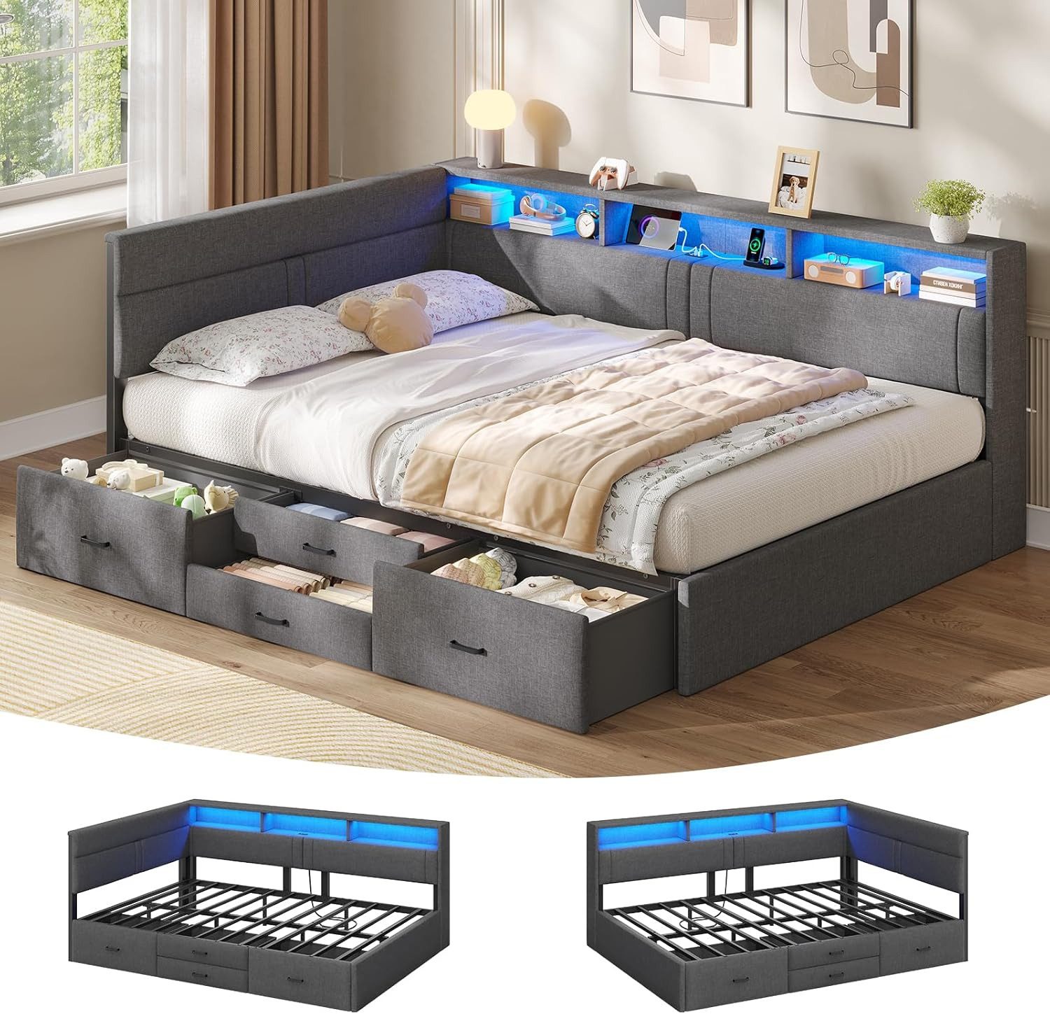 MSMASK Polsterbett Schlafsofa mit LED-Beleuchtung & Ladestation, Einzelbett, Daybett (Ohne Matratze), Jugendbett mit 4 Schubladen, ohne Matratze, 140x200 cm