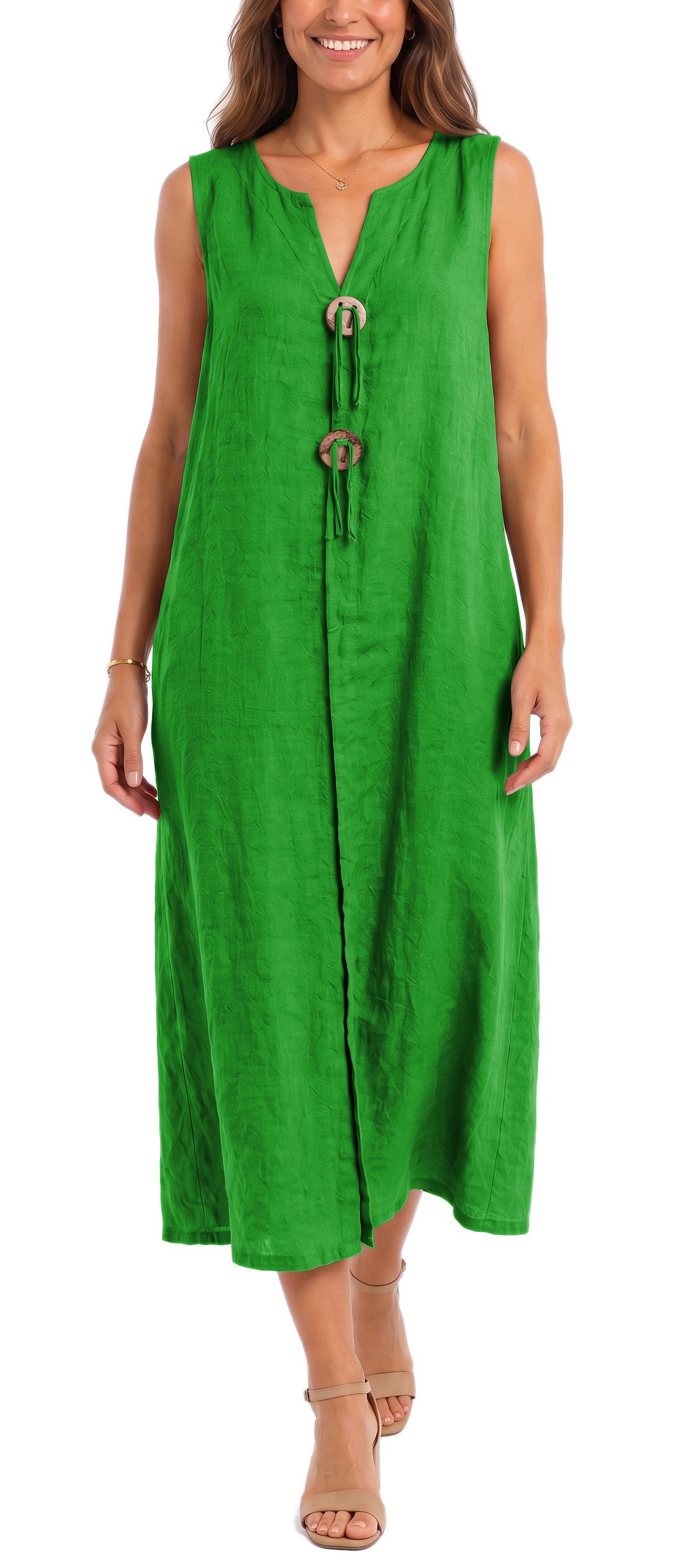 dy_mode Sommerkleid Damen Leinenkleid Luftiges Maxi Sommerkleid Strandkleid Damenkleid in Unifarbe, V-Ausschnitt, mit seitlichen Eingriffstaschen
