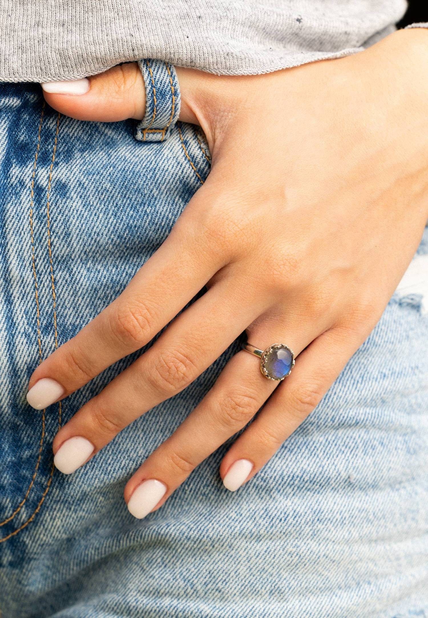 mantraroma Silberring NAPULO aus 925 Silber mit Labradorit (Ring mit Schmuckbeutel), Damenring aus 925er Silber