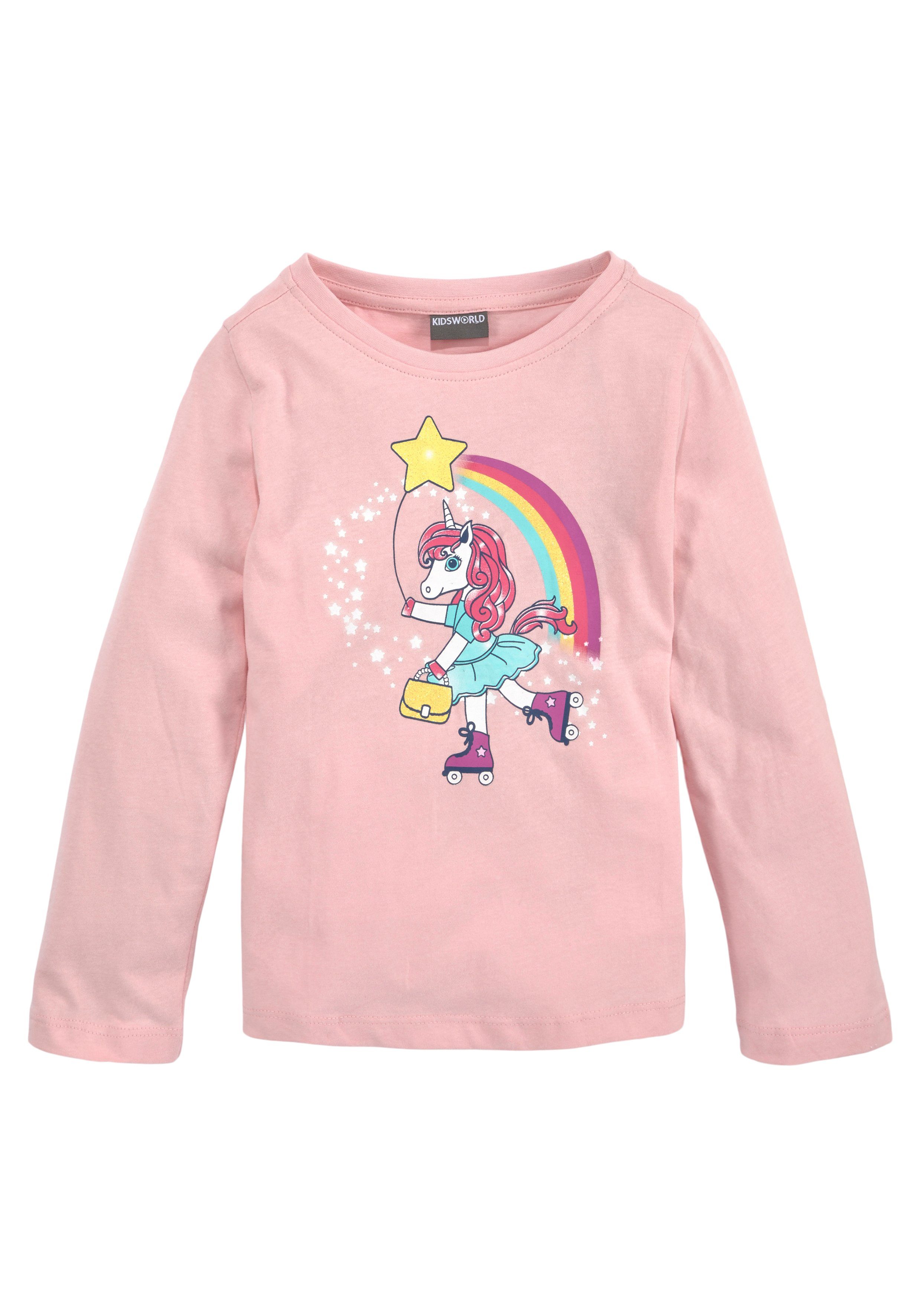KIDSWORLD Langarmshirt Einhorn auf Rollschuhen Langarm, Basic-Passform, mit stylischem Druck und Glitzerdruck