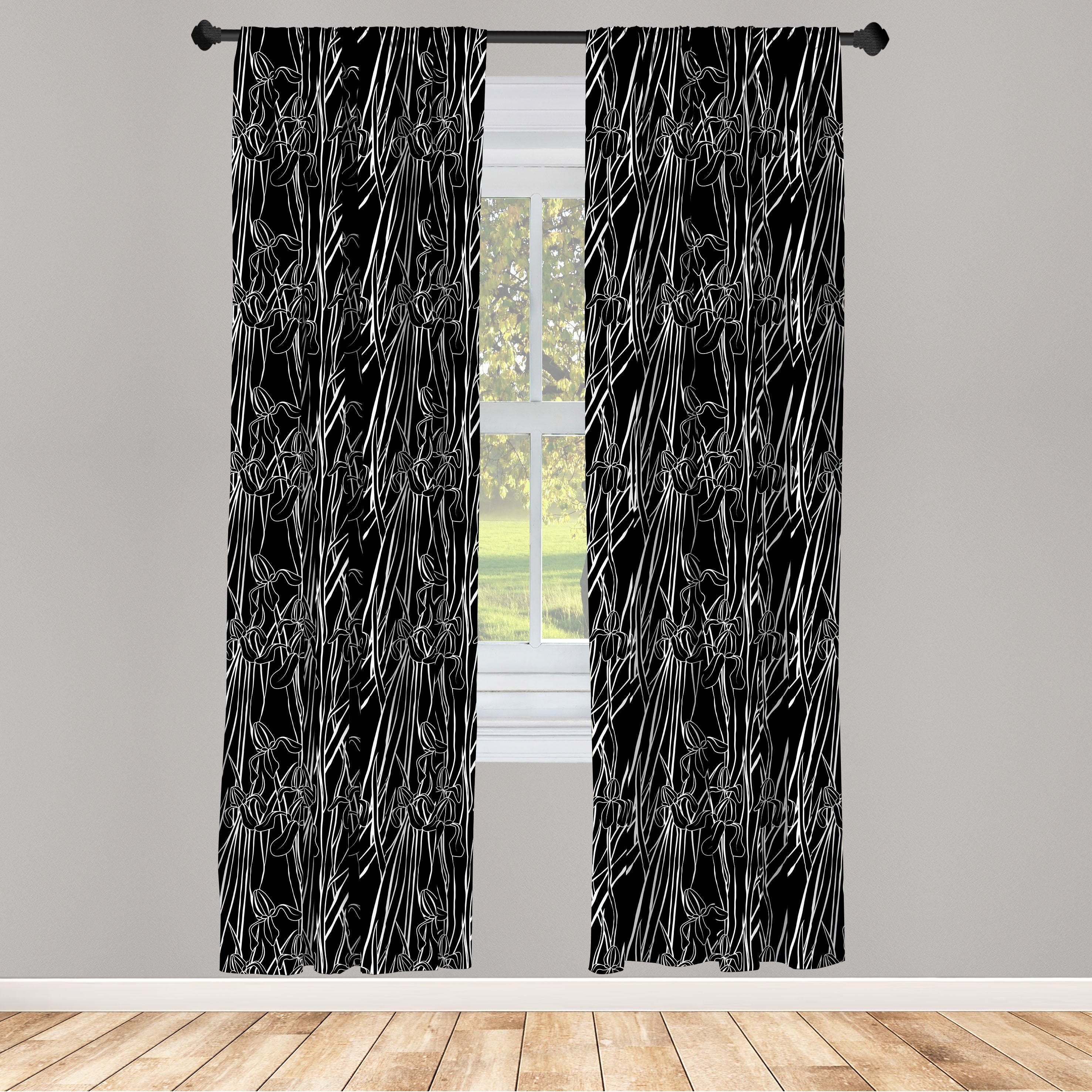 Gardine Vorhang für Wohnzimmer Schlafzimmer Dekor, Abakuhaus, Microfaser, Schwarz und weiß Iris-Blumen-Natur