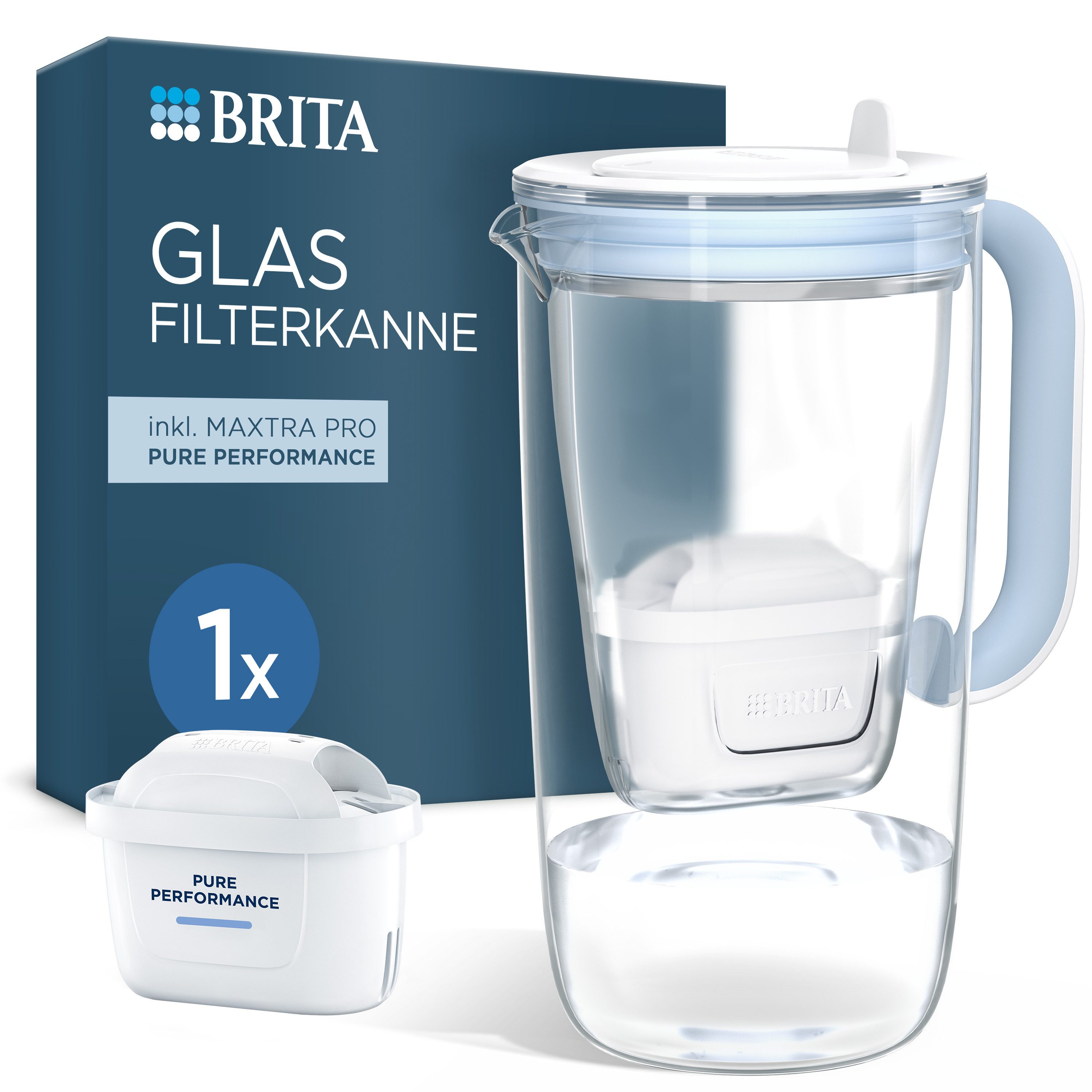 BRITA Wasserfilter Glas-Kanne MAXTRA hellblau (2,5l), inkl. 1x Pure Performance Filter, Premium-Glaskanne, Filterwechselanzeige, reduziert PFAS, Kalk etc.