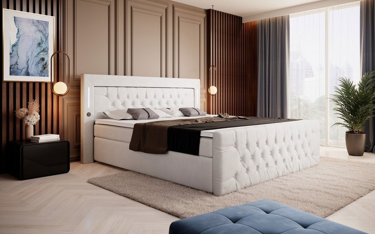 Luxusbetten24 Boxspringbett Elegance, mit LED-Beleuchtung, USB-Anschluss und Stauraum