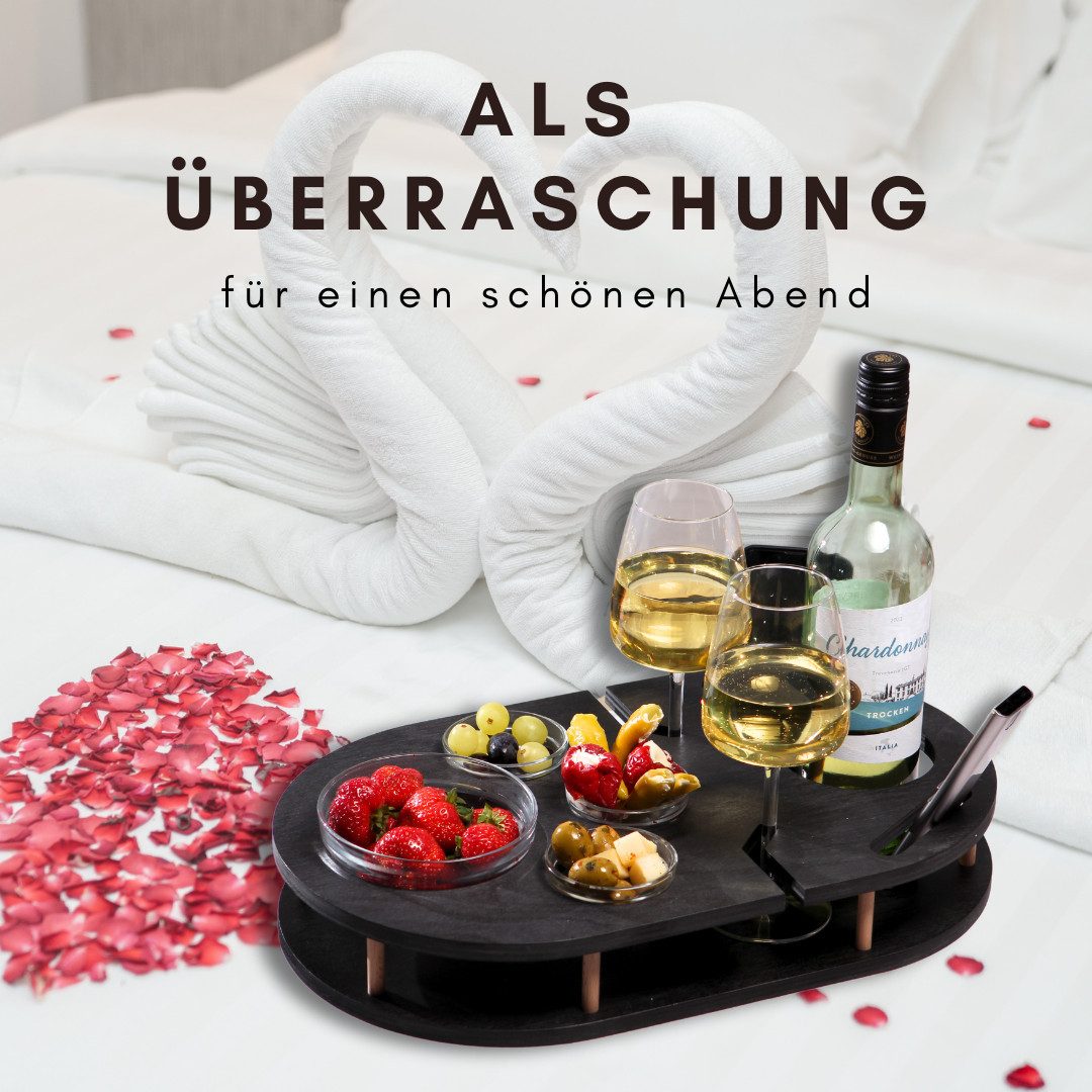 PEGSEN Servier-Set Weinbar Couchbar mit 4 Glasschalen, Birkenholz, Weingläser & Snacks stehen stabil und sicher