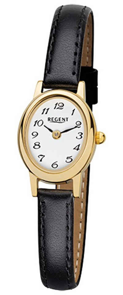 Regent Quarzuhr Regent Damen-Armbanduhr schwarz Analog, Damen Armbanduhr oval, klein (ca. 18x21mm), Lederarmband