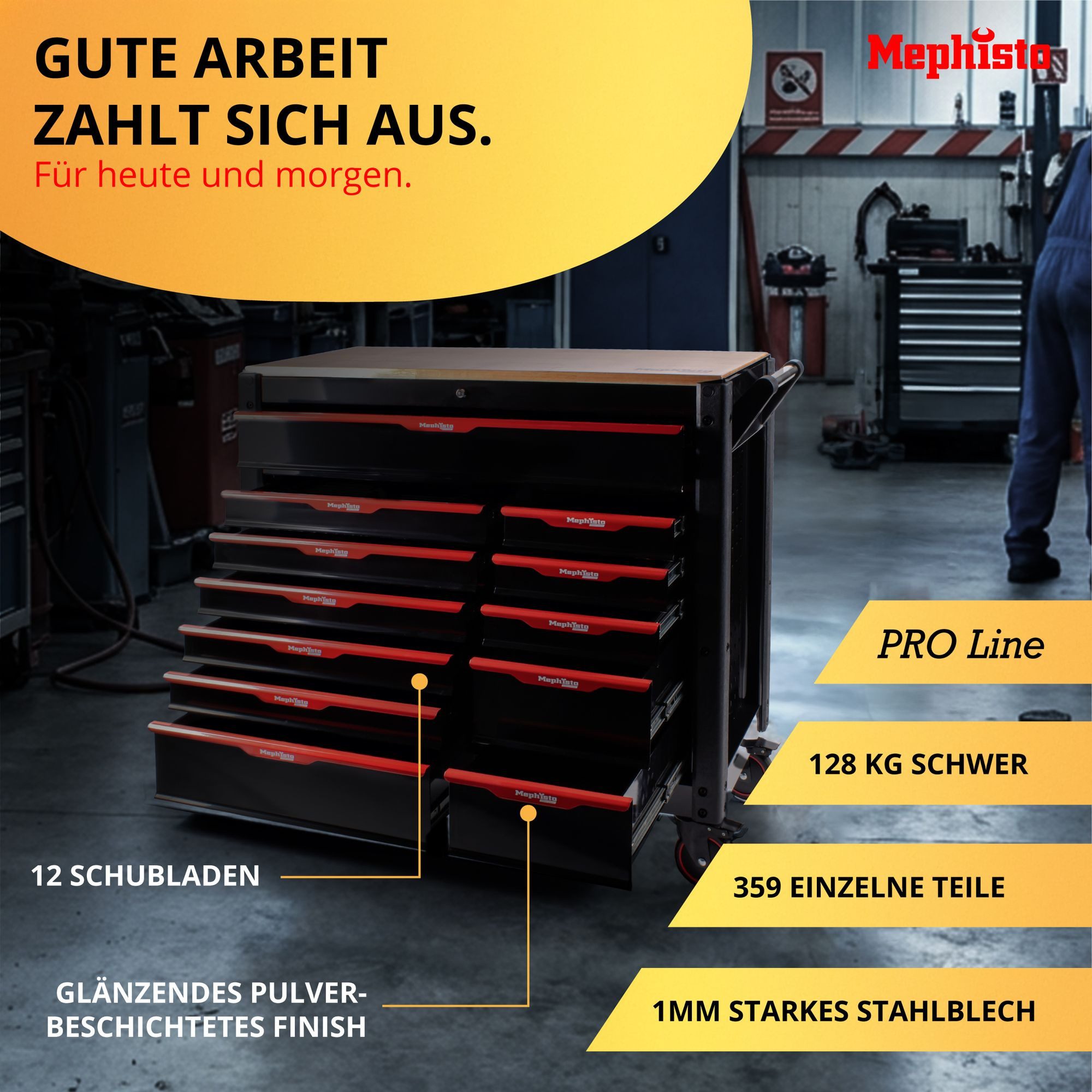 Mephisto-Tools Werkzeugwagen, (umfangreich bestückt), 12 abschließbare Schubladen, Werkzeug ist aus hochwertigem CRV