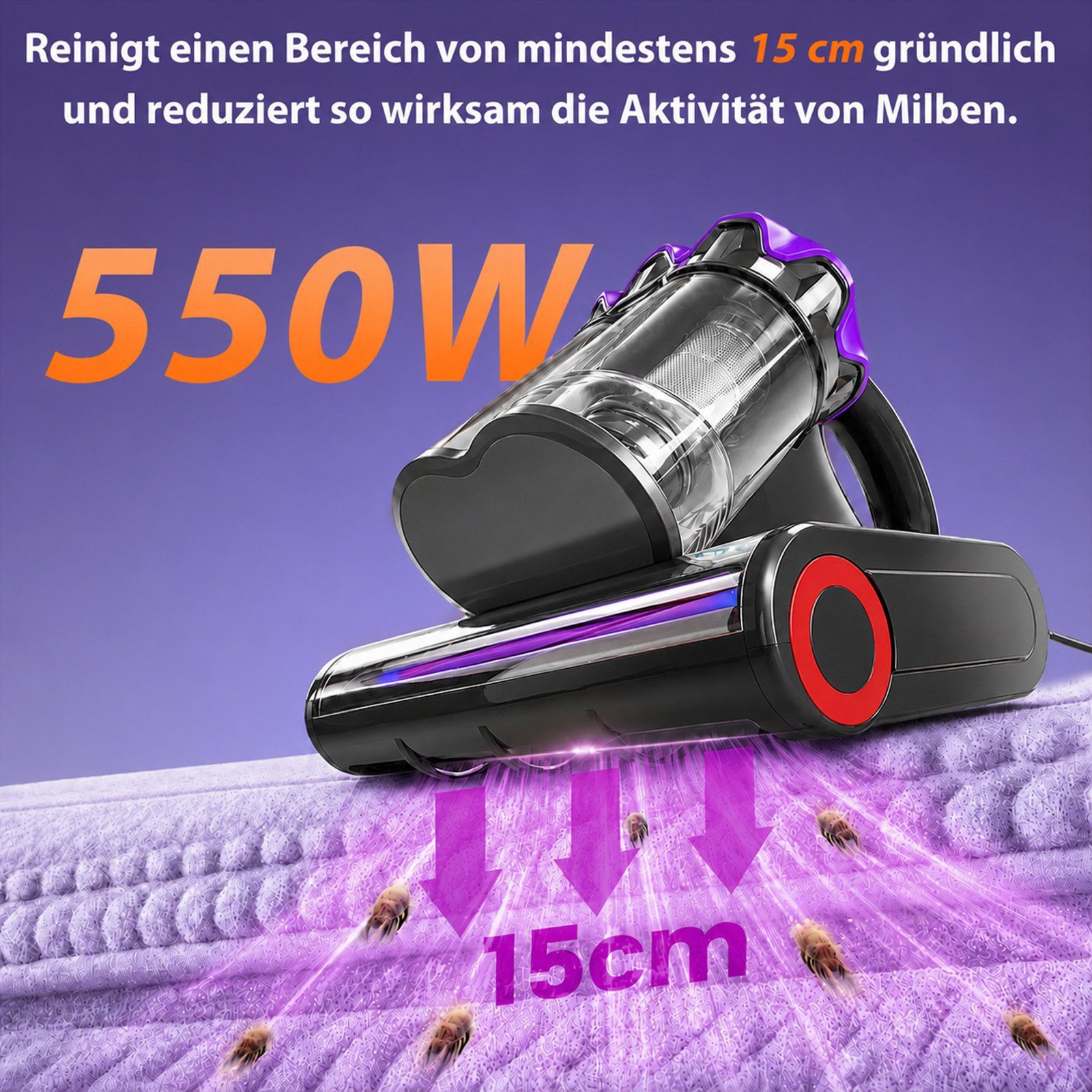 Grenintol Matratzenreinigungsgerät 18.000Pa Milbenstaubsauger mit Sensor, UV-C-Licht, 65 °C Heißluft, 550 W, Beutelloser Milbensauger mit HEPA-Filter, Vibrationsbürste mit Klopffunktion, Staubsensor und Diffusionsfilter, kompakter Milben-Handstaubsauger für Matratzen, Sofas und Kissen