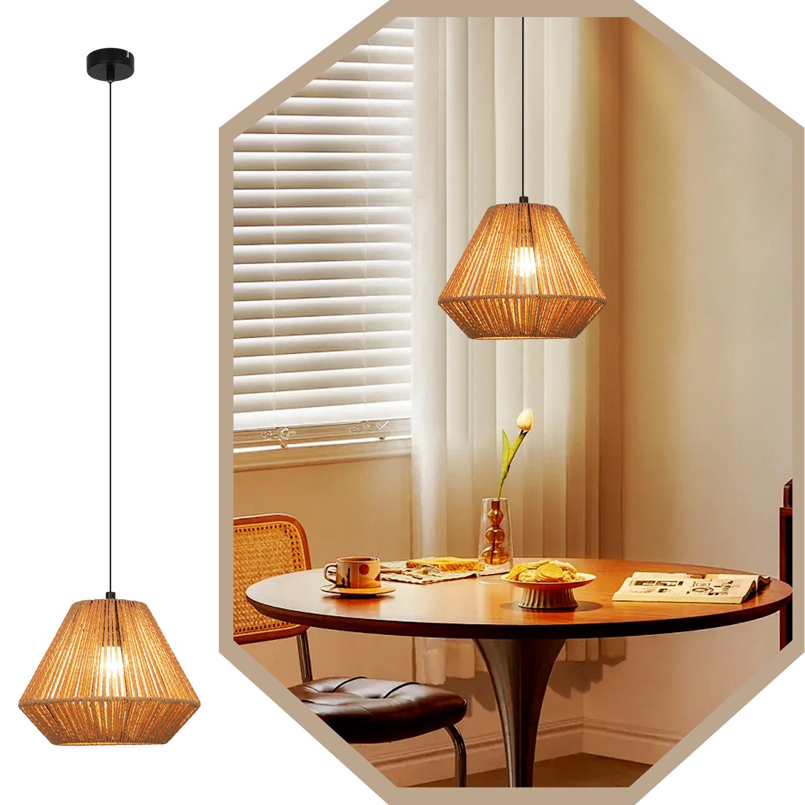 ZMH Pendelleuchte Esszimmer 1 Flammig Vintage Laterne Design Hängeleuchte E27 Flur, Hochwertige Design, ohne Leuchtmittel, rautenförmiges gewebtes Design Hanfseil Esstischlampe für Schlafzimmer