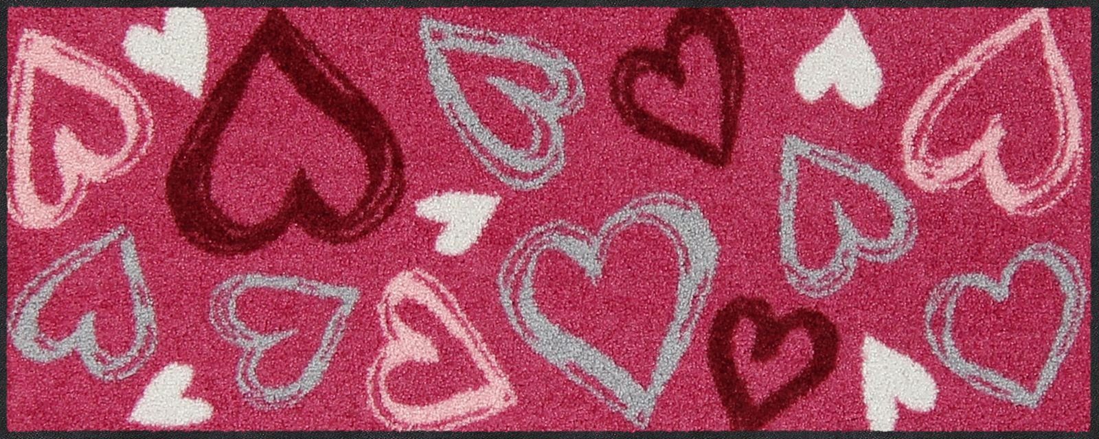 Fußmatte Salonloewe VALENTINE HEARTS MAGENTA Fußmatte Wohnmatte 30 x 75 cm, Salonloewe, Rechteckig, Höhe: 7 mm, In- und Outdoor, waschbar bei 40° Grad in der Waschmaschine und trocknergeeignet