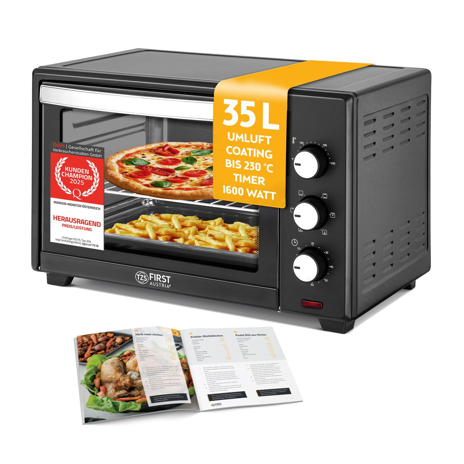 TZS FIRST AUSTRIA Minibackofen 35L 1600W, Premium-X Coating, stufenlose Temperaturregelung bis 230°C, 60 Min Timer, 3 Einschubhöhen, Doppelglastür, Umluftfunktion