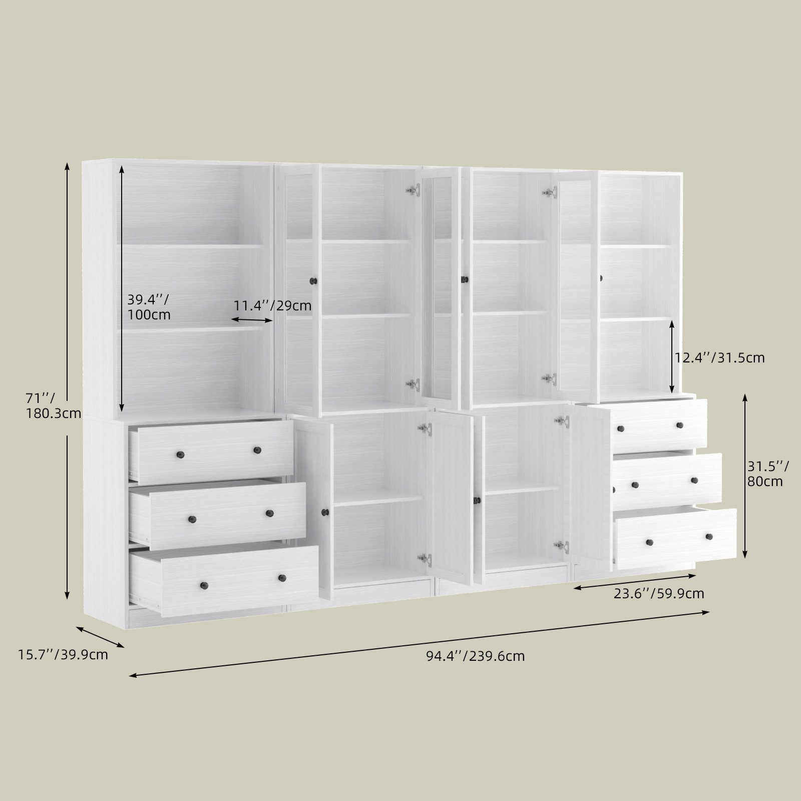 VOWNER Bücherregal 5-stöckiges Bücherregal mit Glastüren, 180 cm Vitrinenschrank, 4-tlg., multifunktionaler Küchenschrank Hochschrank & Buffetschrank