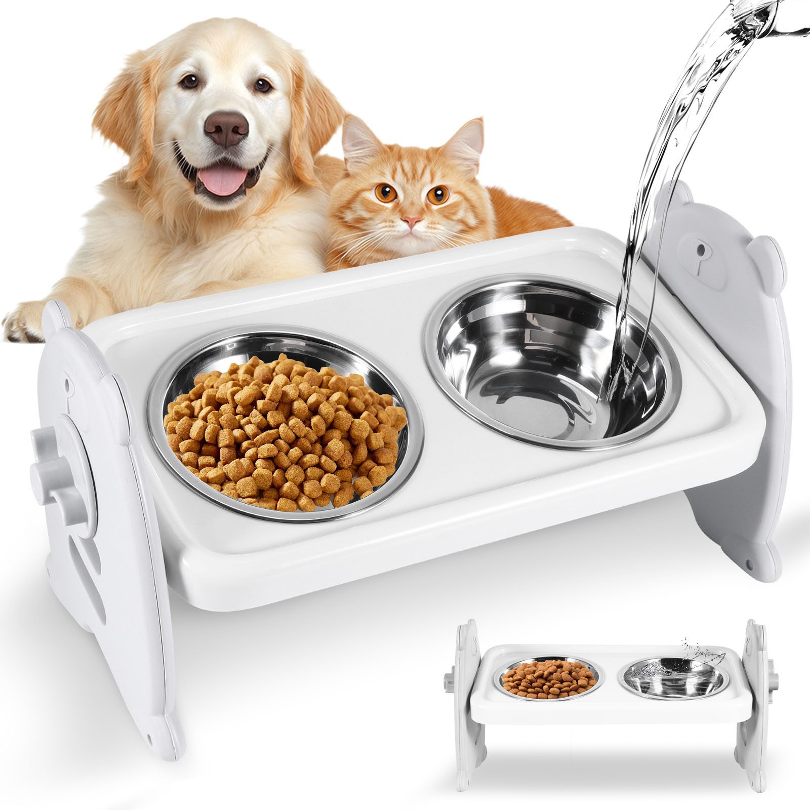 BlingBin Futternapf Erhöhter Hundenapf, Hunde-Futterstation, mit 2 Edelstahl-Futternäpfe, Edelstahl, 3-stufig verstellbar, für kleine Hunde & Katzen,erhöhter Futterspender