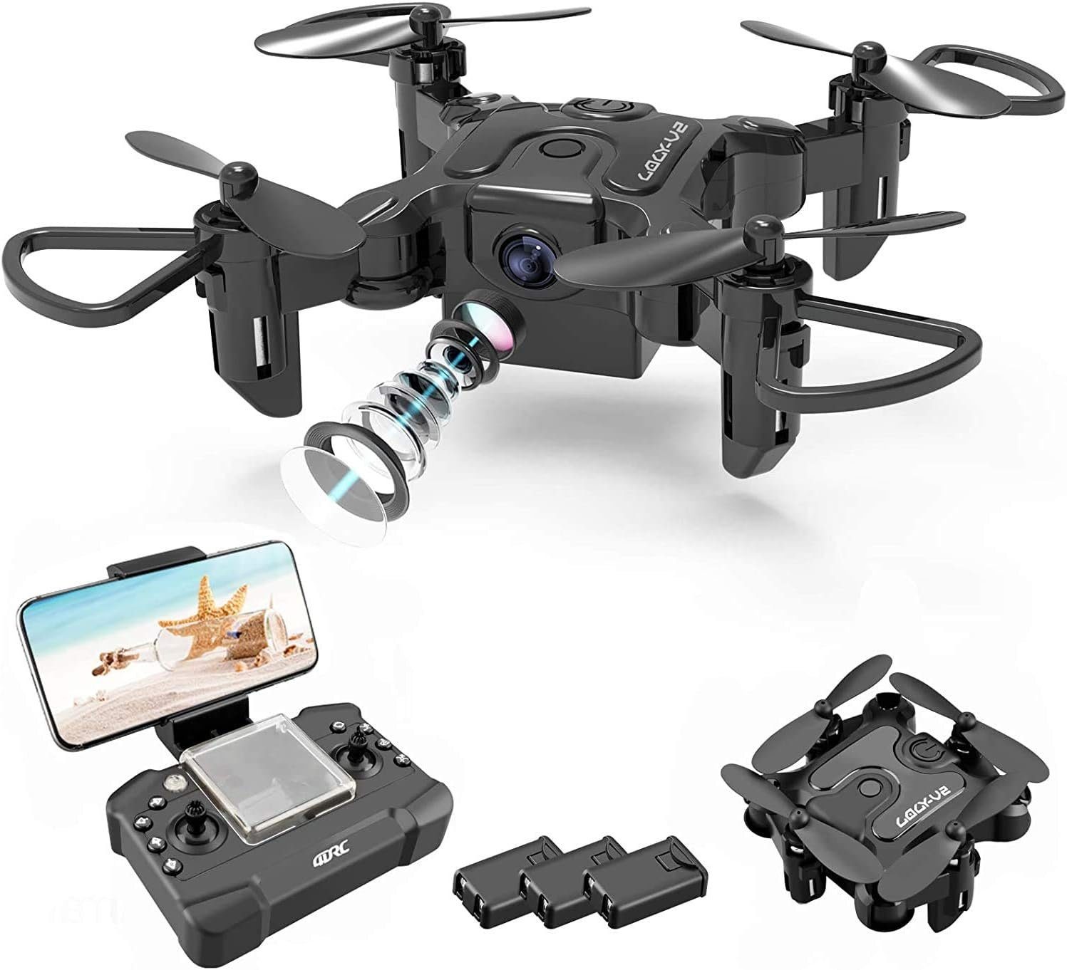 4DRC Drohne (1280 x 720P, Kamera HD Faltbar RC Mini Quadcopter FPV WiFi Live Übertragung 3 Akku) | Drohnen