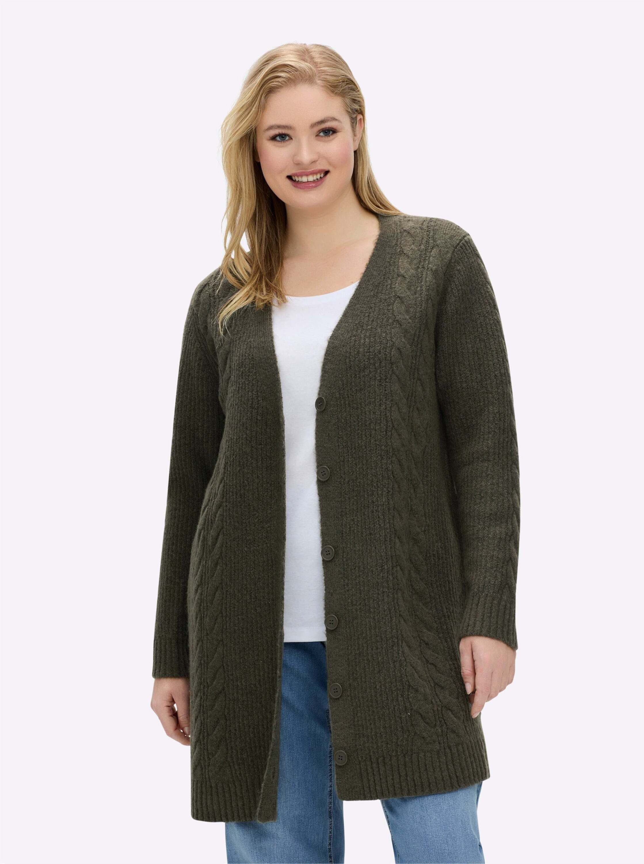 Sheego Strickjacke Cardigan Langarm Zopfmuster, Rippoptik