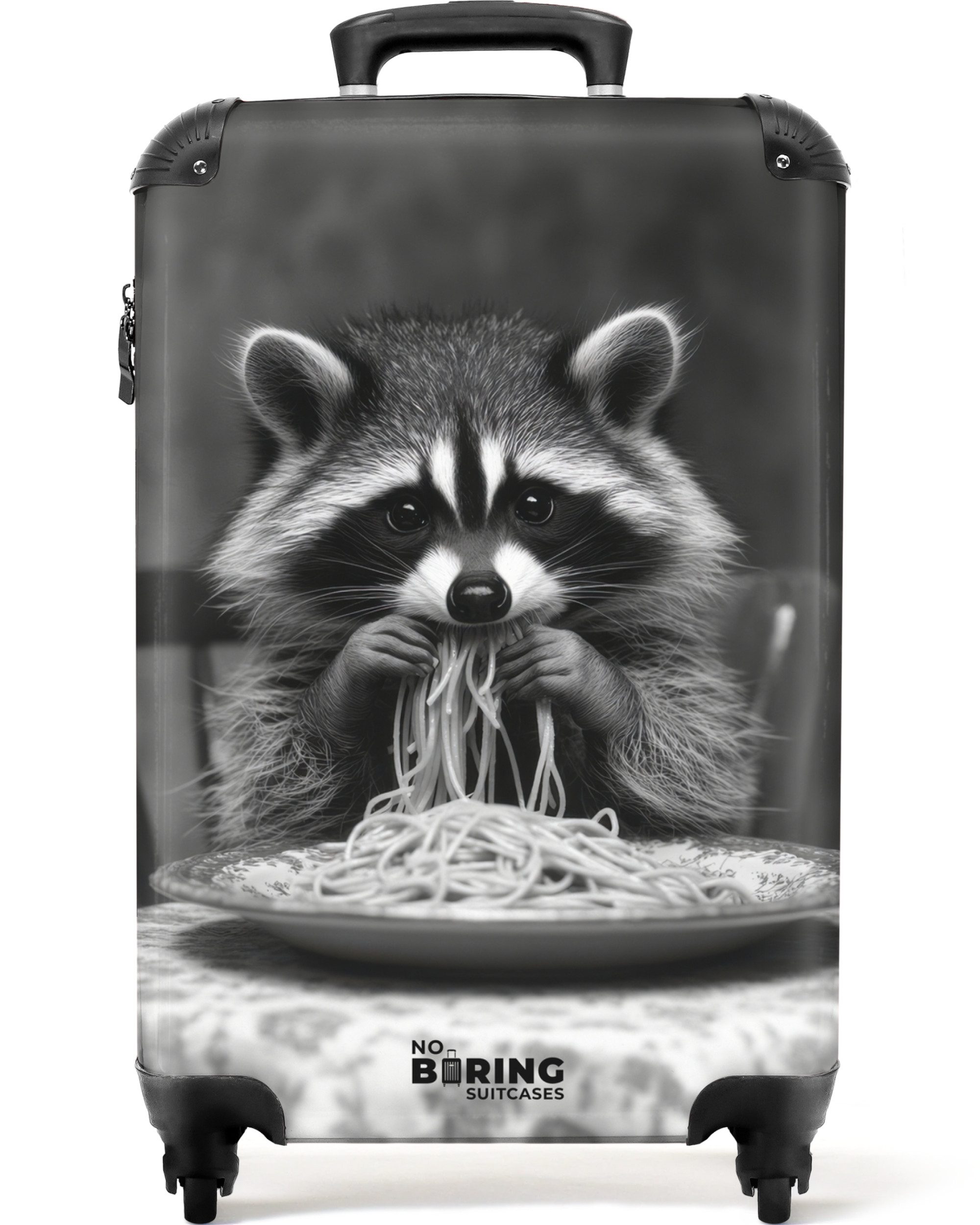 NoBoringSuitcases.com© Hartschalen-Trolley Waschbär isst Spaghetti in schwarz-weiß 55x35x20cm, Reisetasche mit Rollen, Koffer Handgepäck Flugzeug