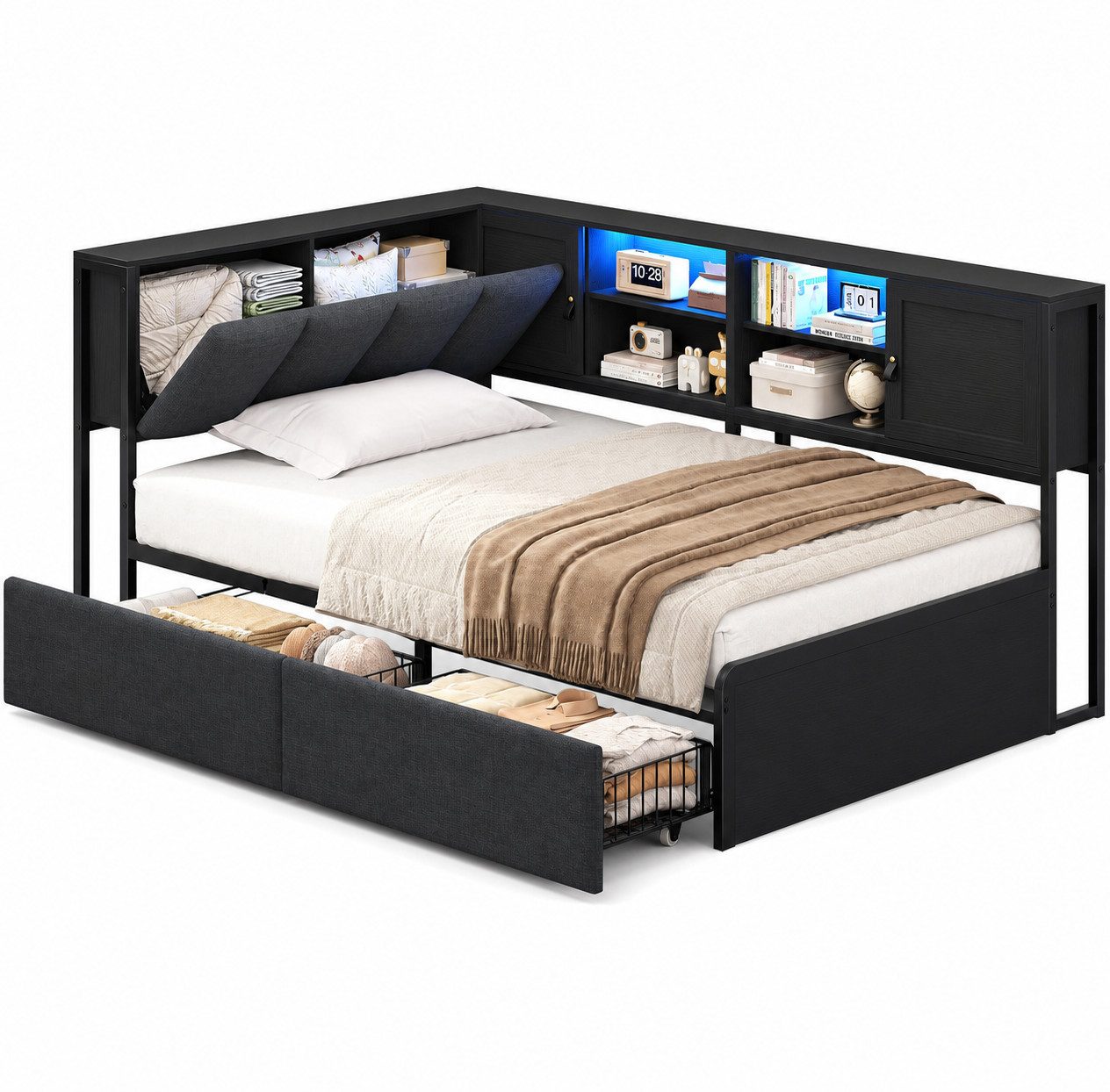 KIMENICH Polsterbett mit LED‑Beleuchtung, integrierter Ladestation und Stauraum‑Kopfteil (Ohne Matratze), Schlafsofa, Jugendbett, Tagesbett, 2 Schubladen, 90 x  – Bild 3 von 5