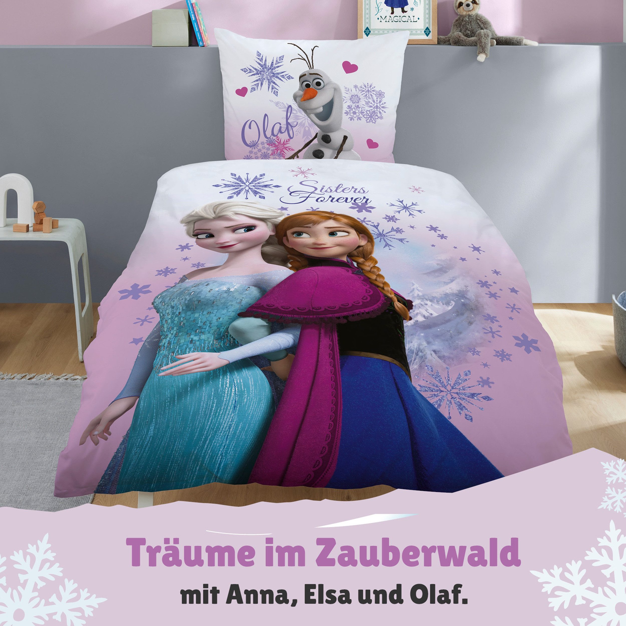 Familando Kinderbettwäsche Frozen Die Eiskönigin 135x200 + 80x80 cm aus 100% Baumwolle, Renforcé, 2 teilig, "Pink Mountain" mit Anna, Elsa und Olaf