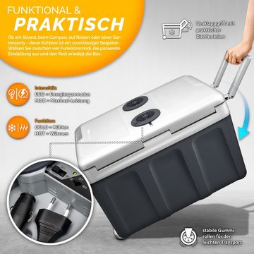 tillvex Kühlbox elektrisch 40L mit Rollen Mini-Kühlschrank, 230 V und 12 V für KFZ Auto Camping, kühlt & wärmt, ECO-Modus