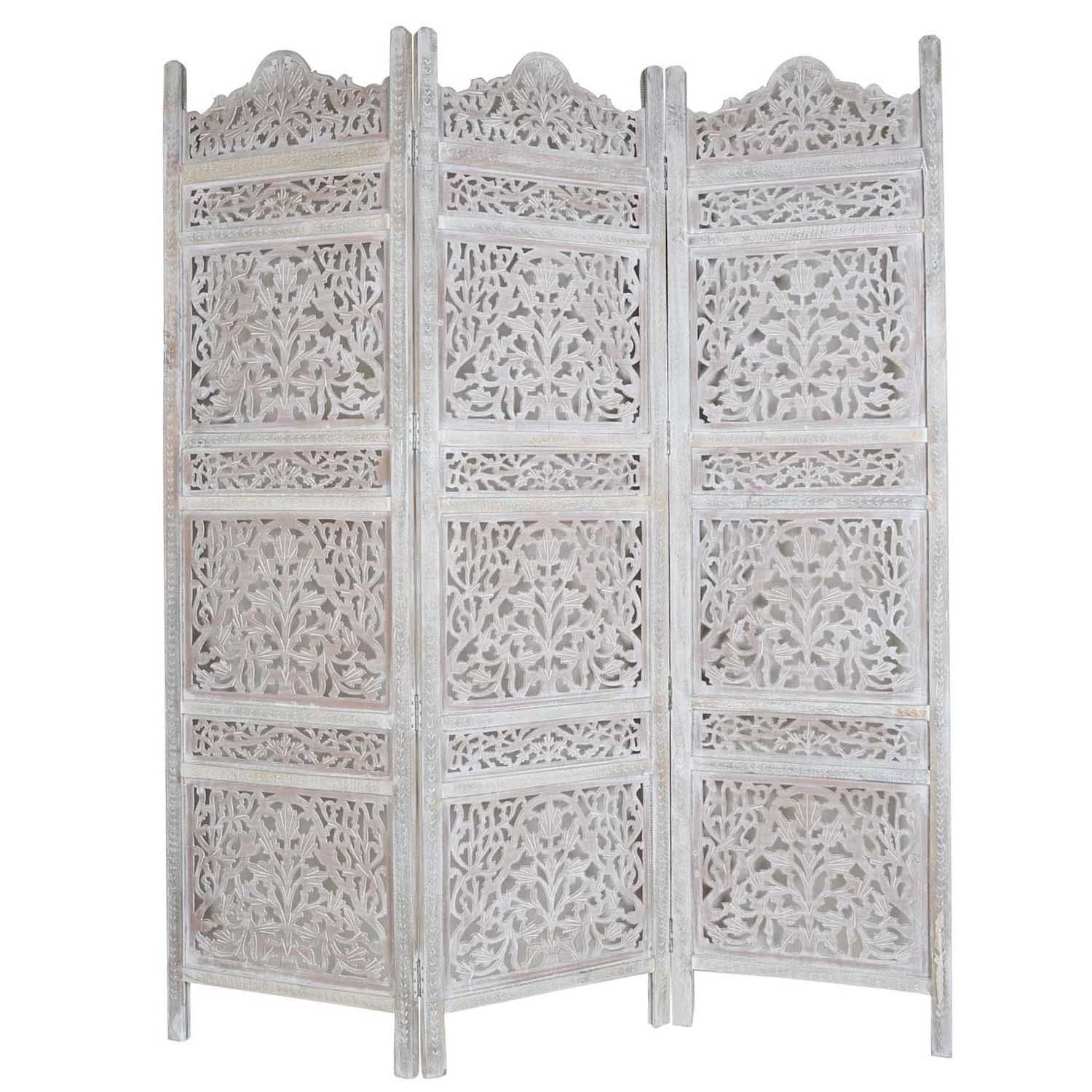 Raumteiler Casa Shabby Boho Chic Braun, 152x182 Wohndeko handgeschnitzter cm (B/H) spanische Paravent Wand in Moro Amara Holz Weiß Paravent