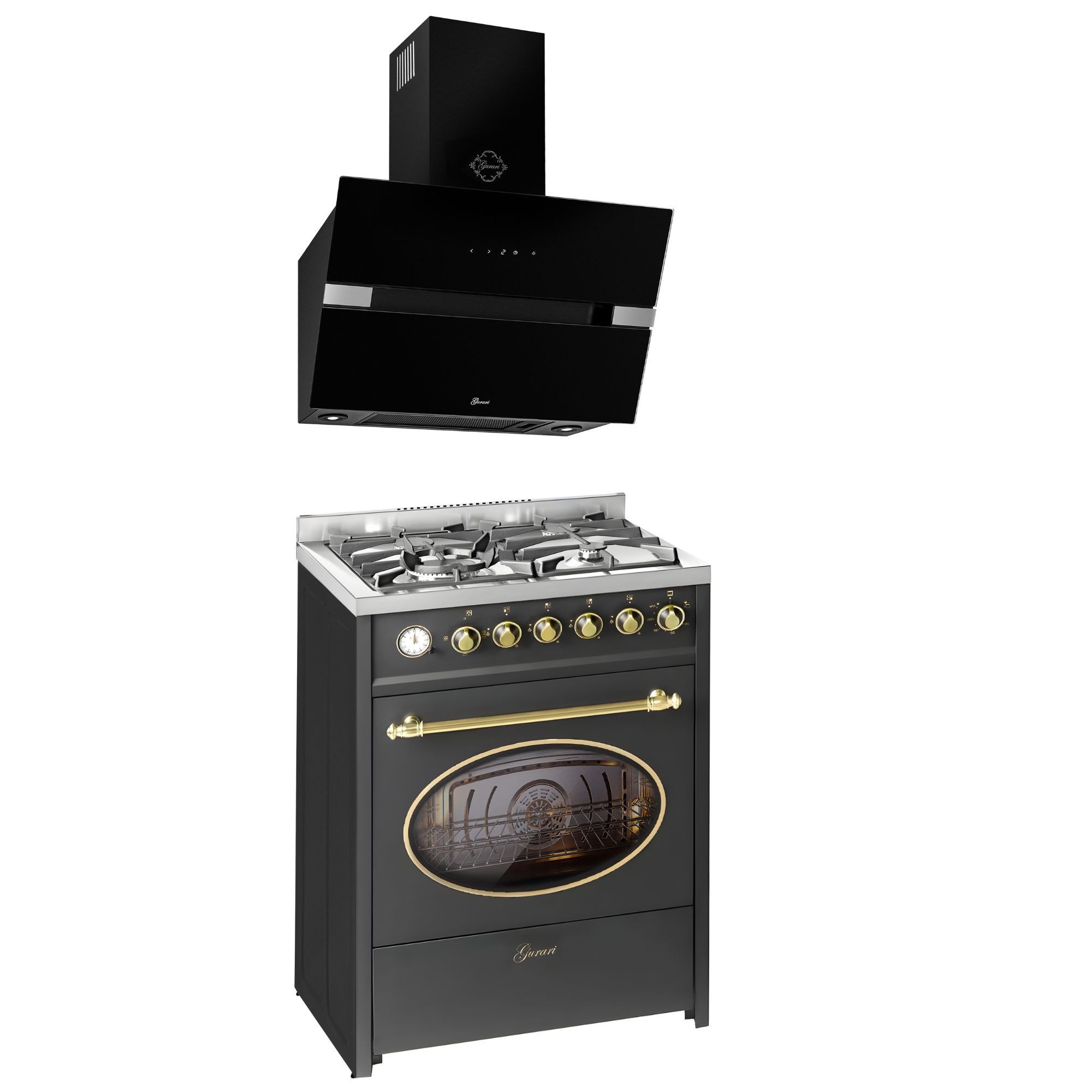 GURARI Gas-Standherd Retro Gas Elektro Standherd 60 cm Erdgas Fl.Gas 4 Kw WOK, 8 Funktionen+Dunstabzugshaube 60 cm, Schwarz Glas, 850 m³/h E 614 BL r+GCH 970 Bl 6 Diamond, mit 1-fach-Teleskopauszug