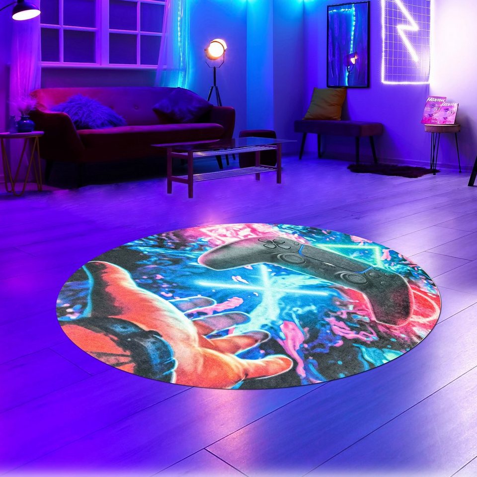 Teppich Gaming-Teppich neon-farbigen Symbolen und schwebendem Controller,  Teppich-Traum, rund, Bei 30° ohne Schleudergang waschbar