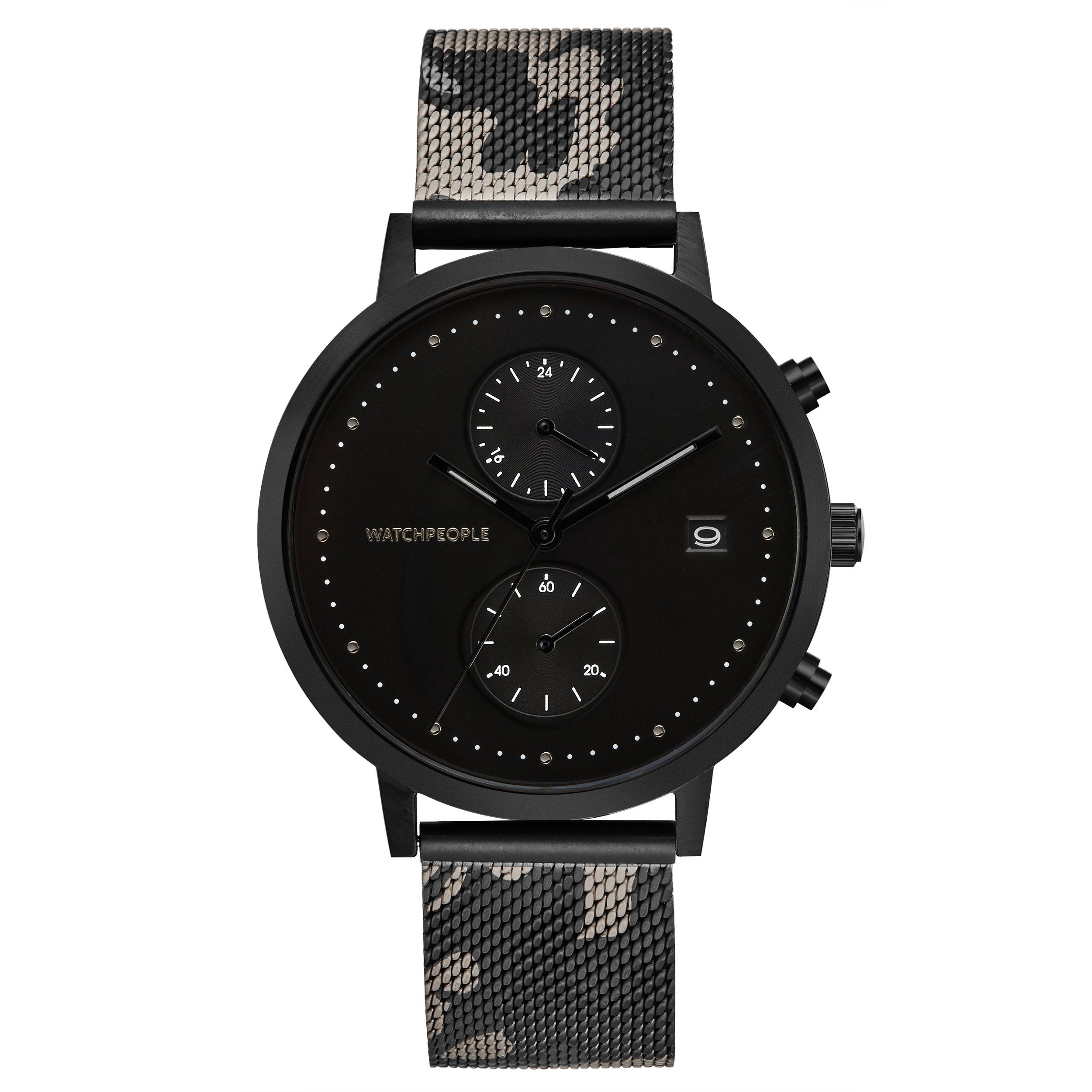 Watchpeople Multifunktionsuhr Cosmo Black WP 049-03, flach, Datumsanzeige, Dual-Time, easy release Band