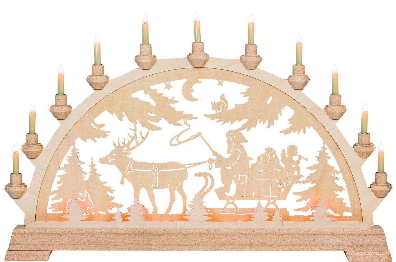 Kunstgewebe Taulin Schwibbogen Motiv Nikolaus mit Schlitten mit Vorbeleuchtung, Handarbeit aus dem Erzgebirge