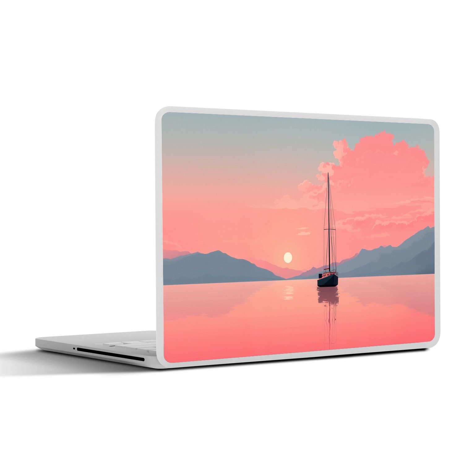 MuchoWow Laptop-Aufkleber Segelboot - Rosa Meer - Sonnenuntergang - Berge, (1tlg), Laptop Folien Cover, Aufkleber, Sticker, Schutz vor Kratzern, 30x21 cm