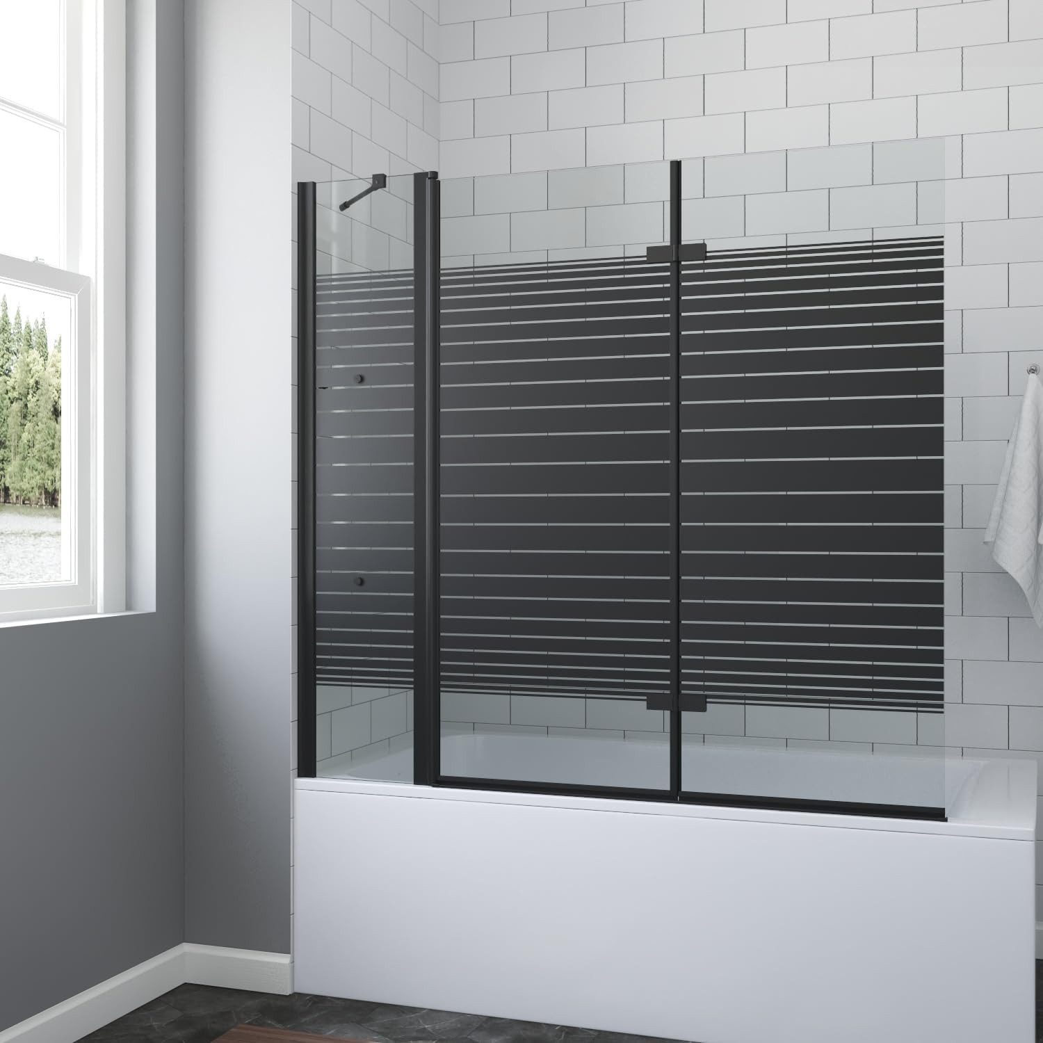 AQUABATOS Badewannenfaltwand Duschwand Duschabtrennung Badewannne Badewannenaufsatz schwarz Eck, 3 teilig 150x140cm mit Duschablage 5 mm Einscheiben-Sicherheitsglas (ESG) mit Nano Beschichtung, faltbar,mit Verstellbereich