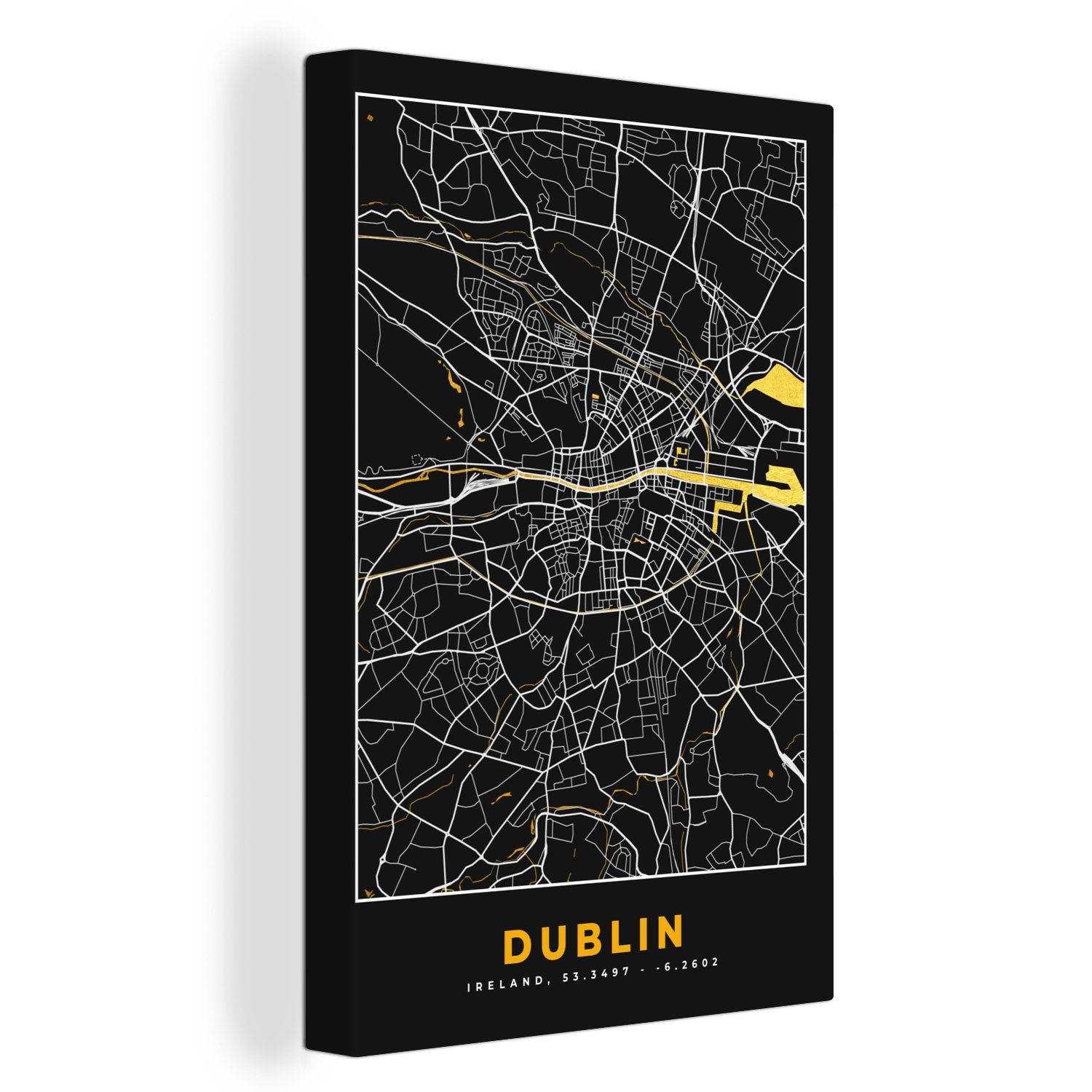 20x30 (1 - Dublin Gemälde, Stadtplan Zackenaufhänger, Leinwandbild cm St), Karte, fertig Gold Leinwandbild OneMillionCanvasses® inkl. bespannt - -
