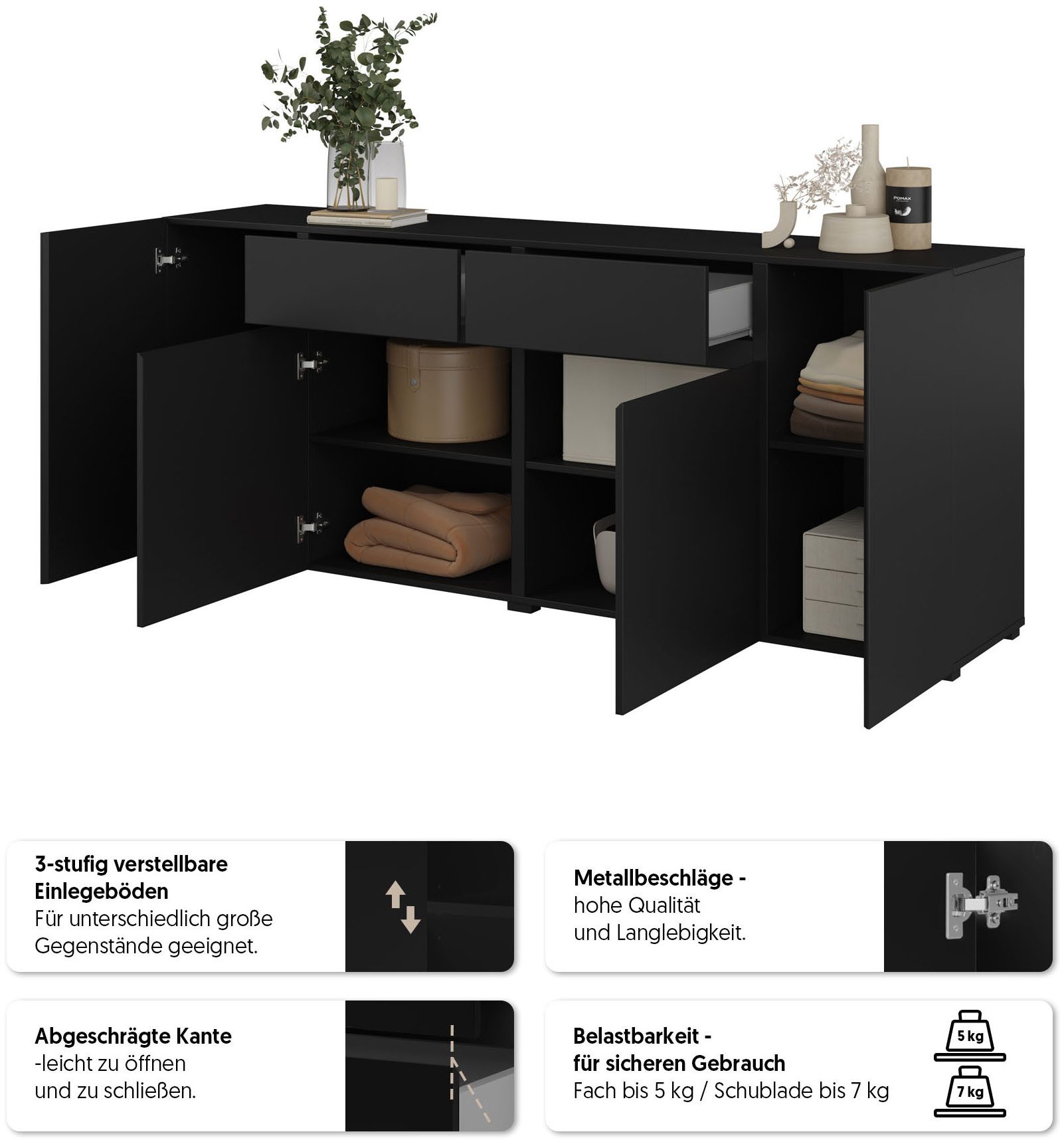 OTTO home Sideboard Metric,Breite 195 cm, grifflose Kommode 4 Türen/2 Schubkästen, Schubladenschrank mit viel Stauraum, Einlegeböden verstellbar