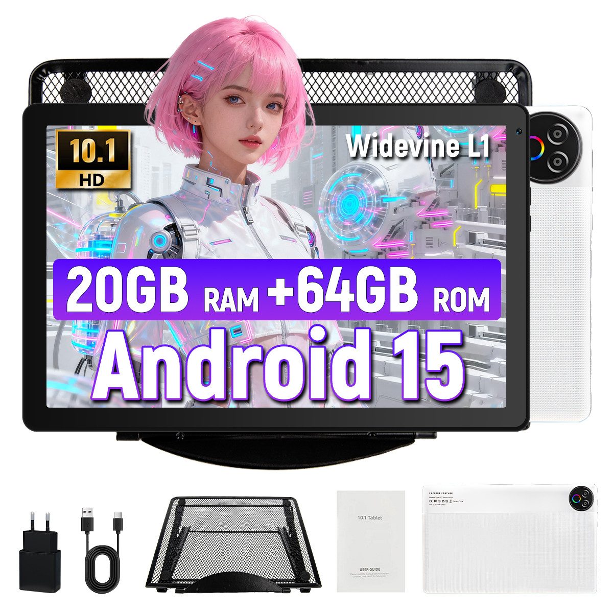 BUFO 10,1 Zoll 20(3+17)GB+64GB+1TB erweiterbar, Android 15, HD 1280x800 Tablet (10,1", 64 GB, WiFi 6, Bluetooth 5.4, 5-Kern)