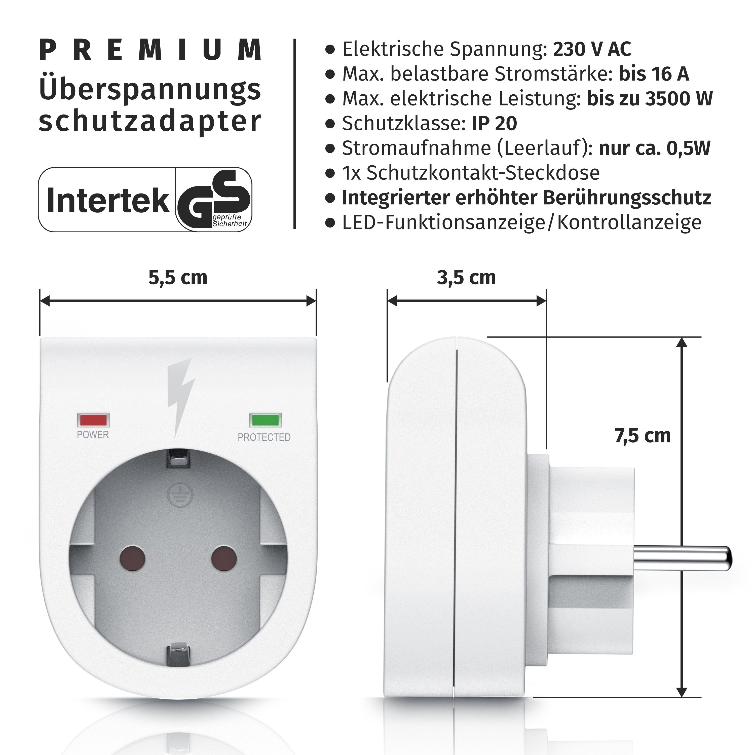 Arendo Steckdose Schuko Überspannungsschutzadapter, LED, Kindersicherung, 3500W, 1-St., IP20, integrierter Berührungsschutz, belastbar bis 16 A, LED-Anzeige