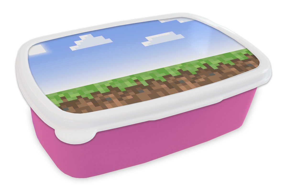 Erwachsene, Snackbox, Brotdose Gras, Pixel - für - Brotbox Kunststoff, rosa Spiele Kunststoff (2-tlg), MuchoWow Spiele Kinder, Lunchbox - Mädchen,