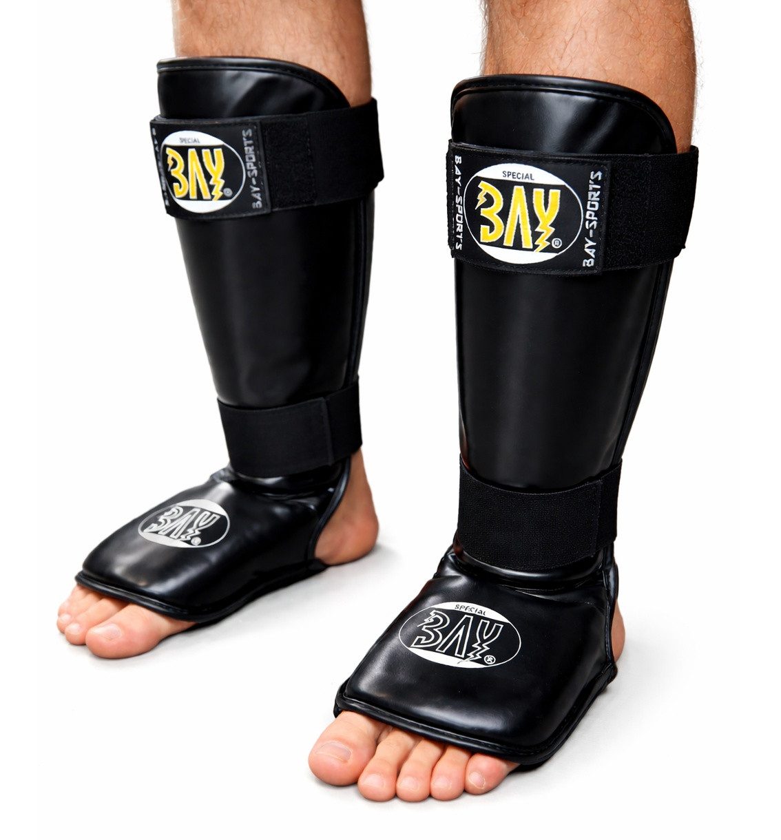 BAY-Sports Schienbeinschutz Spann-Schienbeinschoner Kampfsport Kickboxen Karate Thaiboxen Two Part (Paar, Paar), Kunstleder, feucht abwischbar, Spann abtrennbar, XS - XL