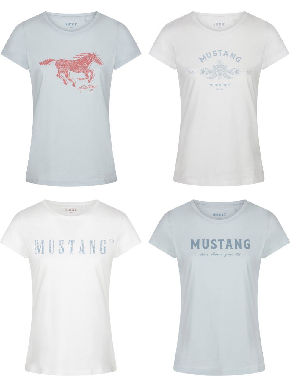 MUSTANG T-Shirt Damen Logo Printshirt Alexia C Logo Slim Fit (4-tlg) Basic Kurzarm Tee Shirt mit Rundhalsausschnitt aus 100% Baumwolle