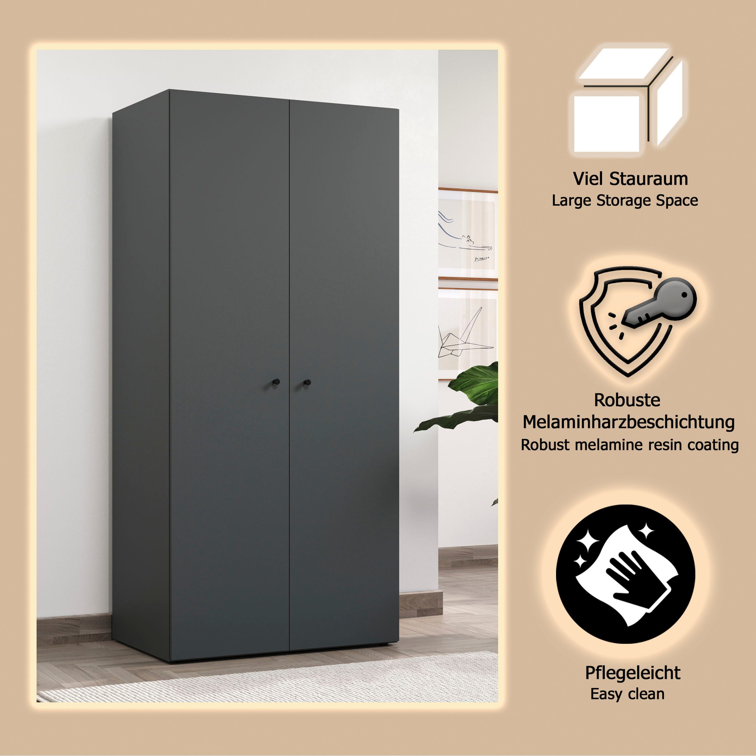 INOSIGN Kleiderschrank Jersey Schlafzimmerschrank GarderobeSchrank (Multischrank Wäscheschrank Hochschrank) Drehtürenschrank mit modernen Griffen