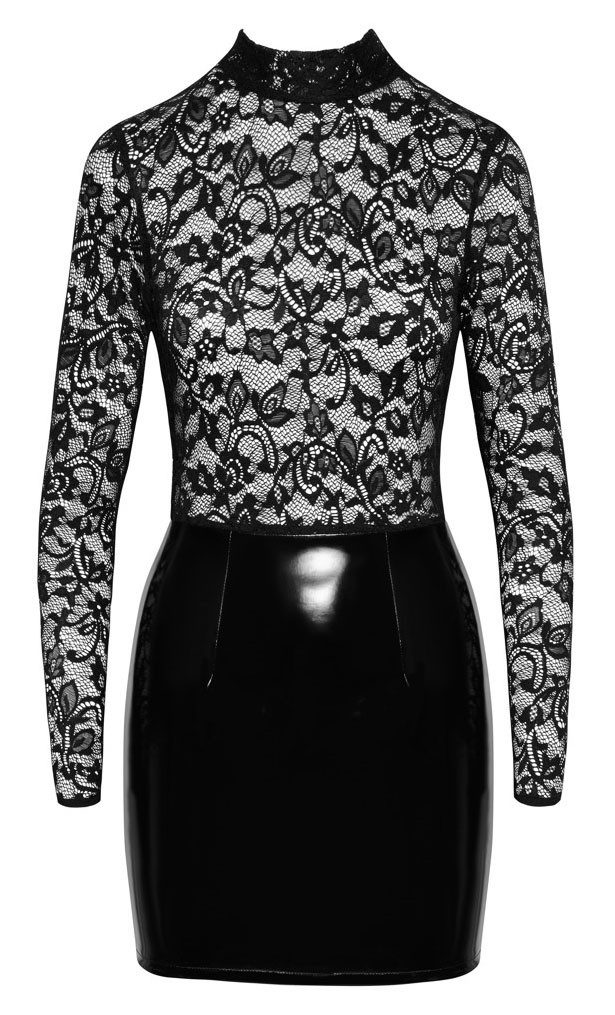 Black Level Minikleid langarm, Mix aus Spitze und Lack-Optik
