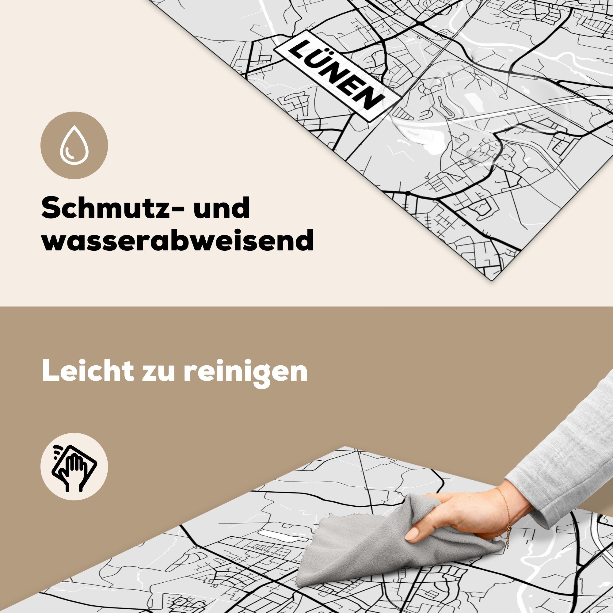 MuchoWow Herdblende-/Abdeckplatte Lünen - Stadtplan Ceranfeldabdeckung, - 78x78 Karte, Vinyl, cm, küche tlg), (1 Karte - für Arbeitsplatte - Deutschland