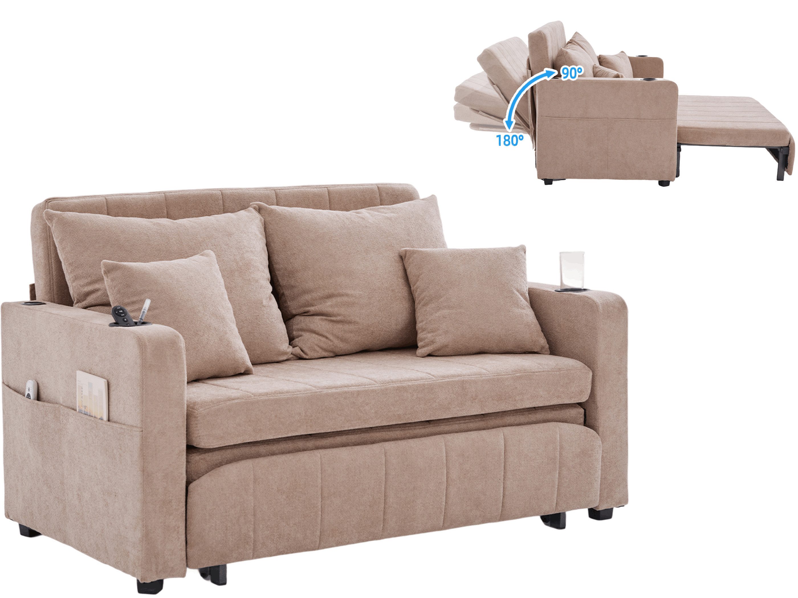 SeedWave Schlafsofa Chenille 2 Sitzer Klappsofa mit USB-Anschluss, Verstellbarer Rücklehne, 3-in-1-Sofa mit Seitentaschen, Becherhalters, 4× Kissens
