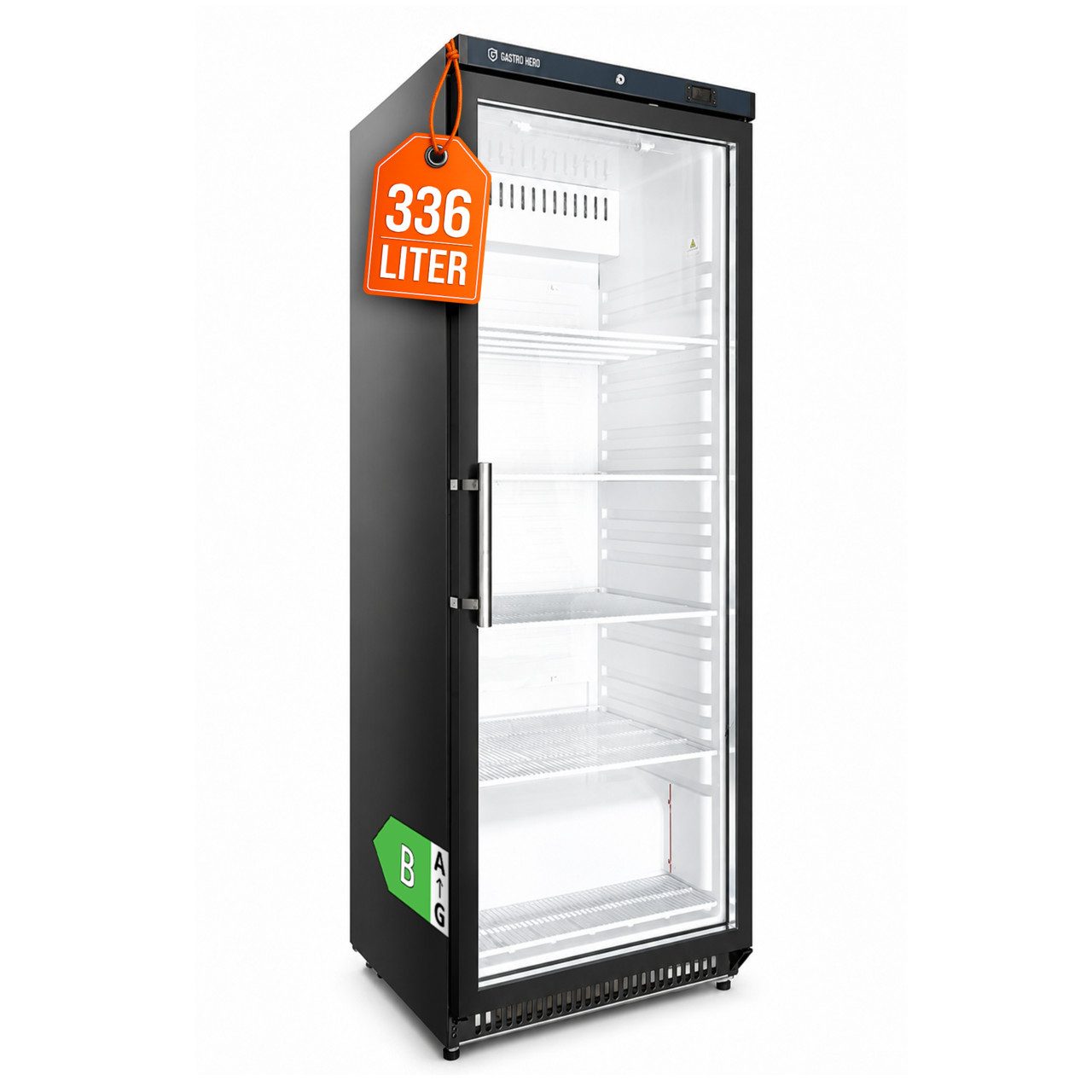 GastroHero Vollraumkühlschrank Lagerkühlschrank ECO 400 Glastür Schwarz 336 Liter LED LKSE400BG, 187.5 cm hoch, 60 cm breit, ideal zur Präsentation von Getränken und gekühlten Waren